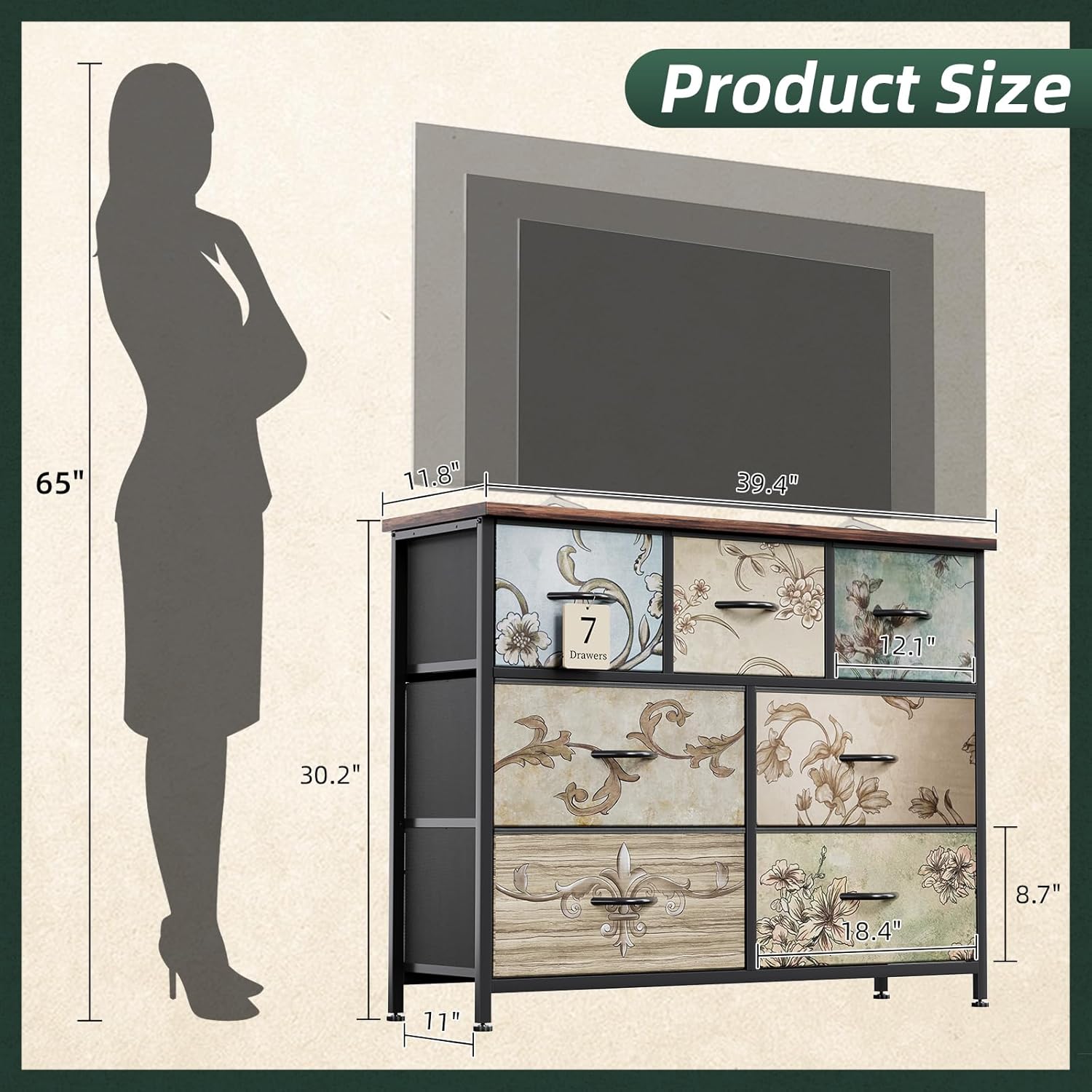 MUTUN Drawers Dresser for Bedroom,Wide Chest of Drawers for Closet, Clothes, TV Stand with Storage Drawers, Wood Board, Fabric Drawers,Floral Painted (7 Drawers)