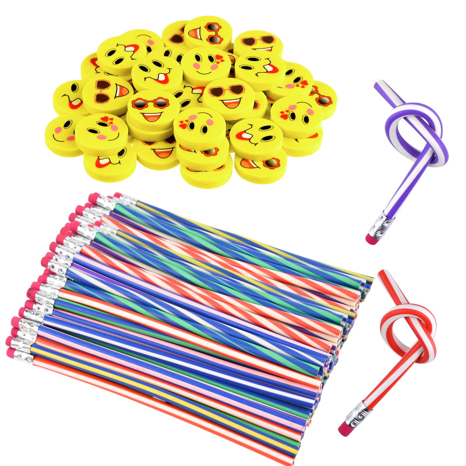 ANPUNAT 96 Pcs Party Bag Filler Set, Soft Flexible Bendy Pencils and Erasers Stationary Equipment Party Favor Supplies