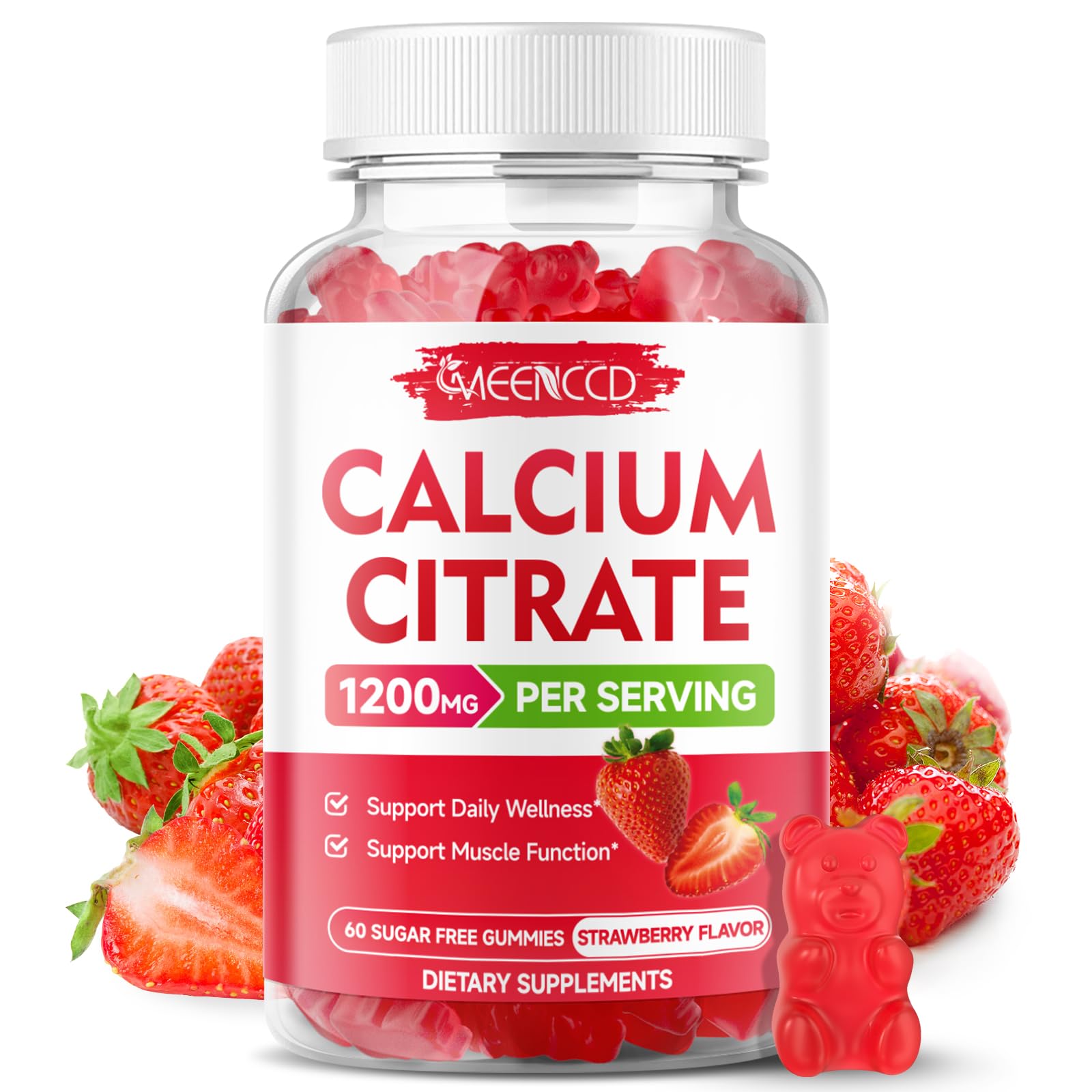 Calcium Citrate Gummies 1200mg - Chewable Calcium Supplement for Women & Men, Supports Bone & Muscle Health, Vegan, Strawberry Flavor, 60 Count