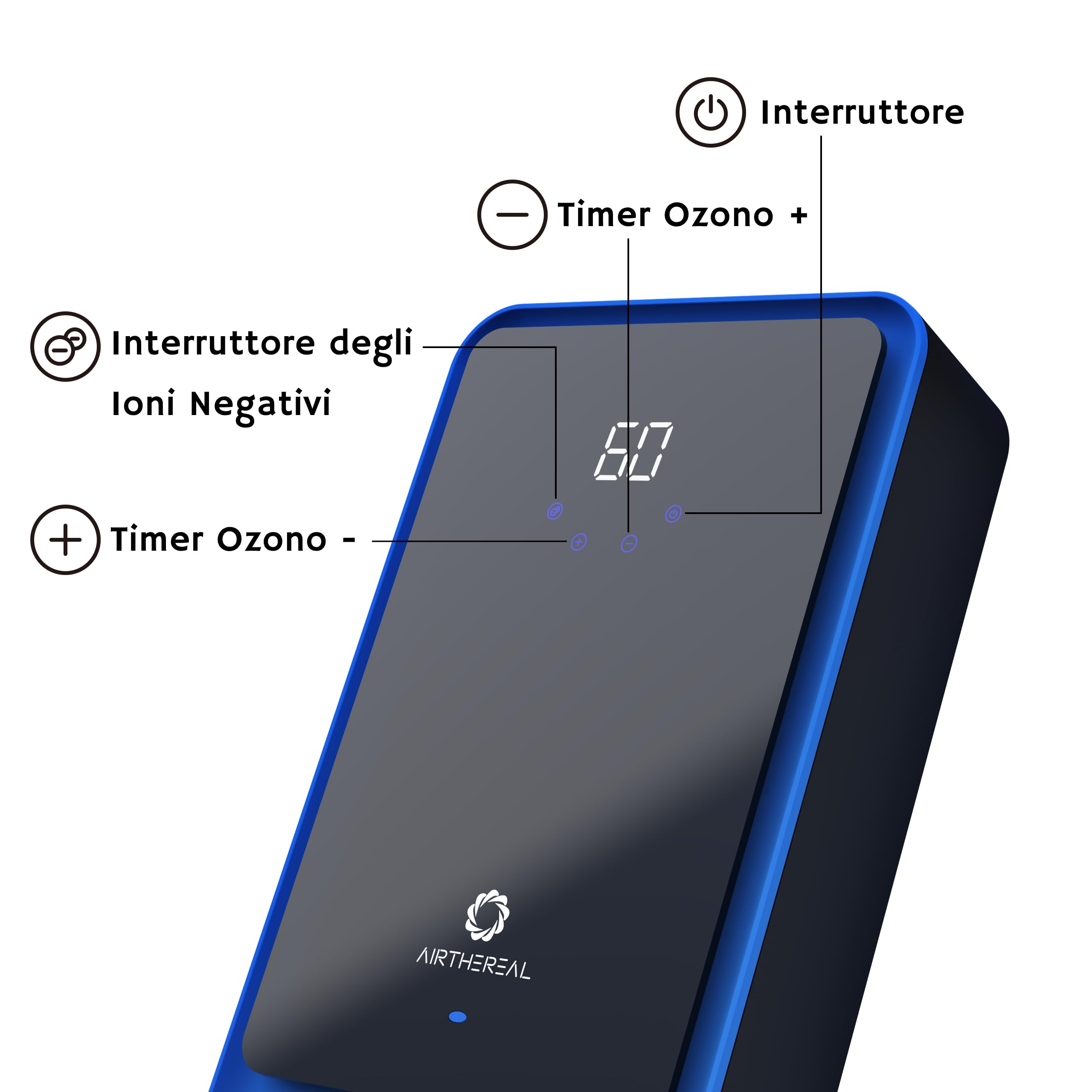 Airthereal AH1000 Generatore di Ozono 2-in-1 per Acqua e Aria, con 2 Modalità, Timer e Generatore di Ioni Negativi – Purifica Acqua, Aria, Panni, Frutta e Verdura