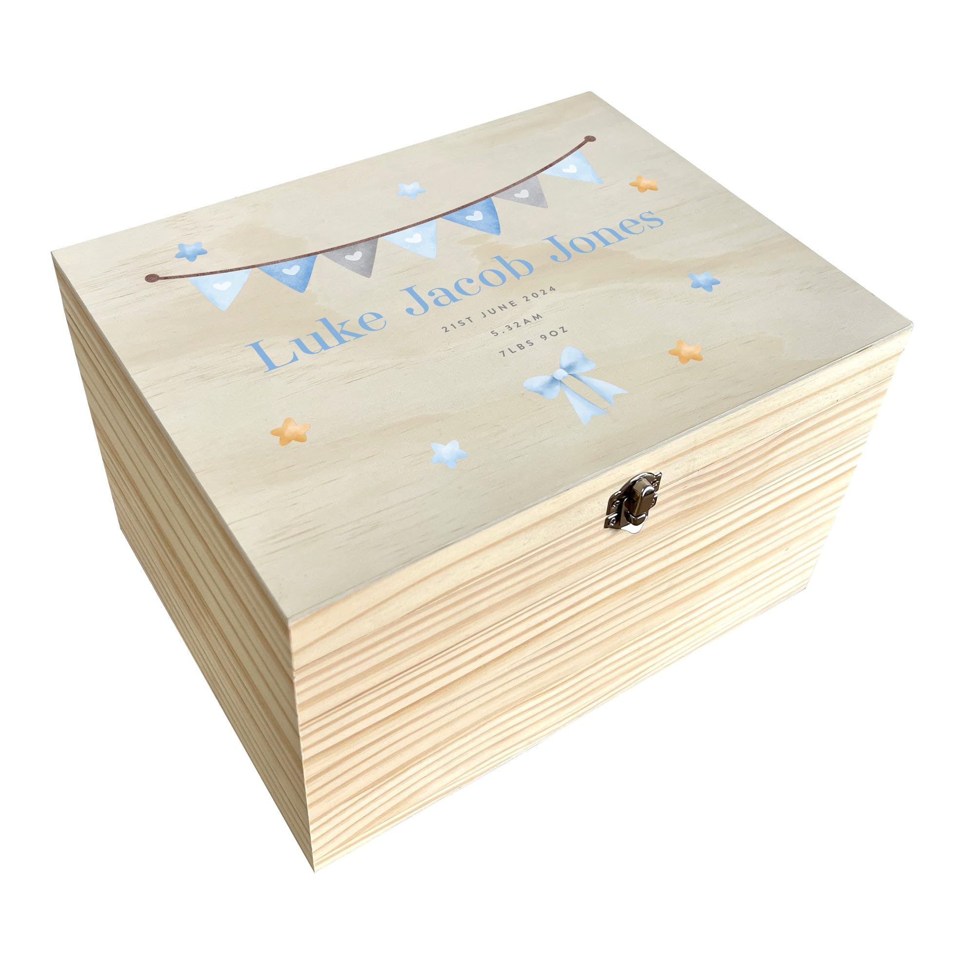 Personalised Blue Garland Baby Keepsake Box | Treasured Memories for Newborns | Pine with Metal Hinges & Clasp | W36cm x D26.9cm x H20cm
