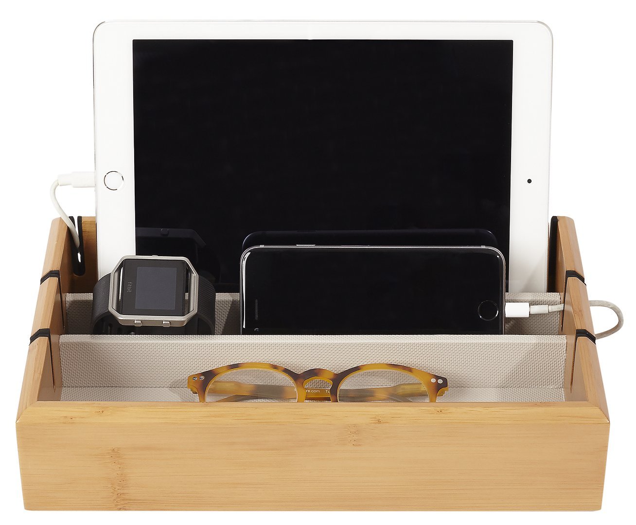 OYOBoxOYOBox Tech Tray Luxury Personal Electronics Organizer, Designer Lacquered Wood Stand Display Stores and Charges Multiple Devices Including: Tablets, Phone + Tablets and Smart Watches, Bamboo Wood