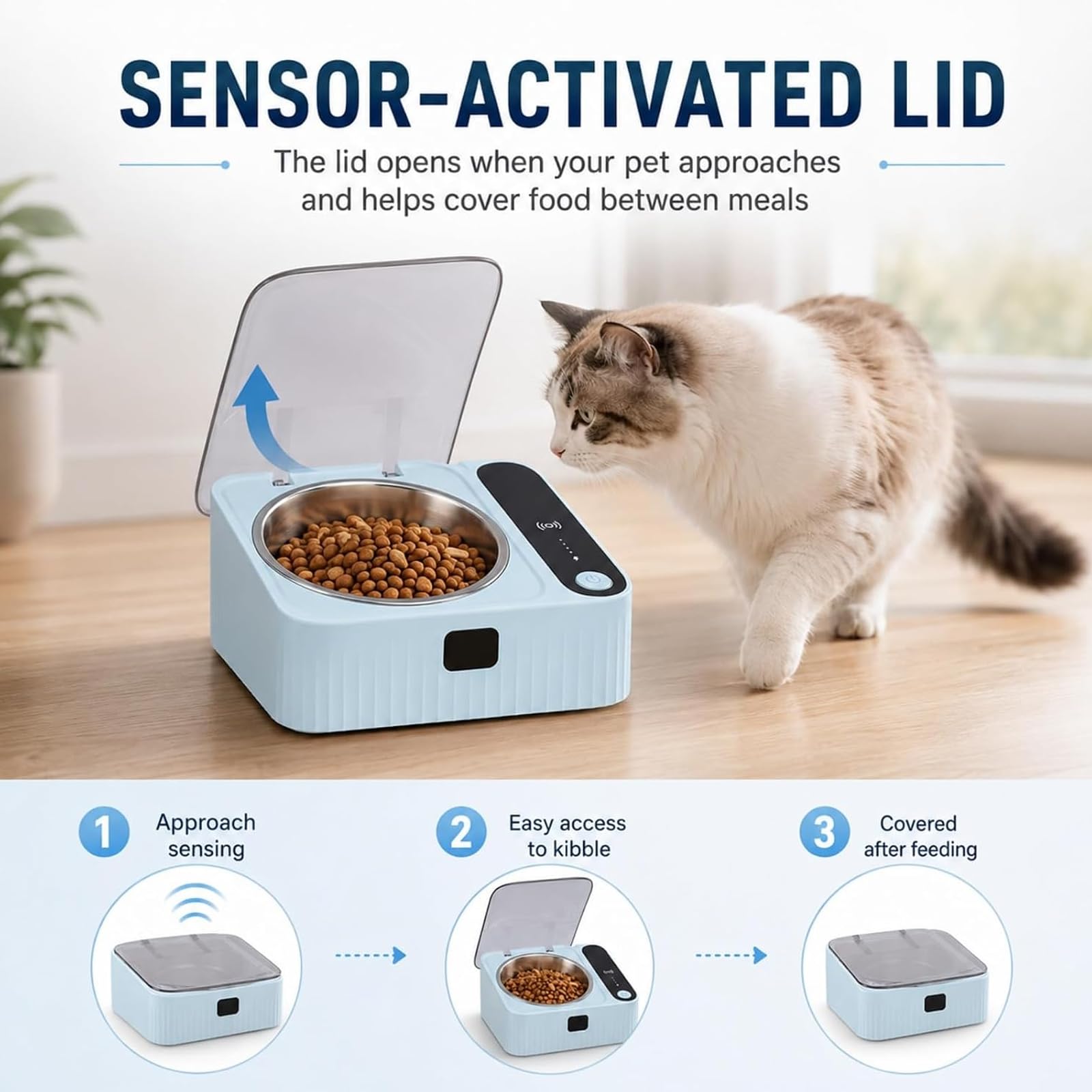 Automatic Pet Feeder Bowl with Sensor Lid Stainless Steel Cat Dog Bowls，1pc