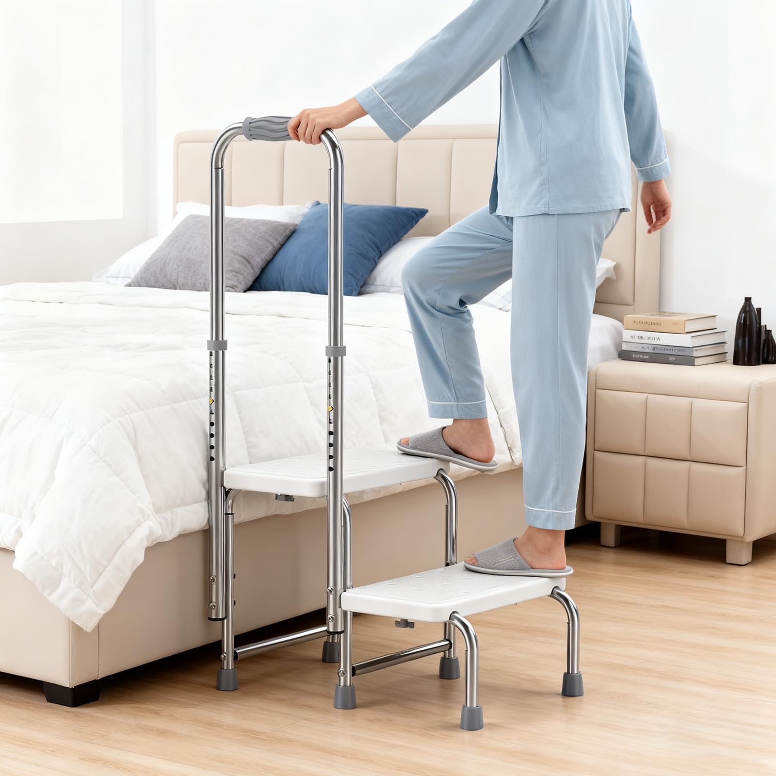 Dual Step Stool with Handle, Height Adjustable Step Stool with Non-Slip Platform & Rubber Feet for Adults & Elderly, 2 Stepstool for Bedside, Bathroom, Home & Kitchen Use, Holds up to 330 lbs