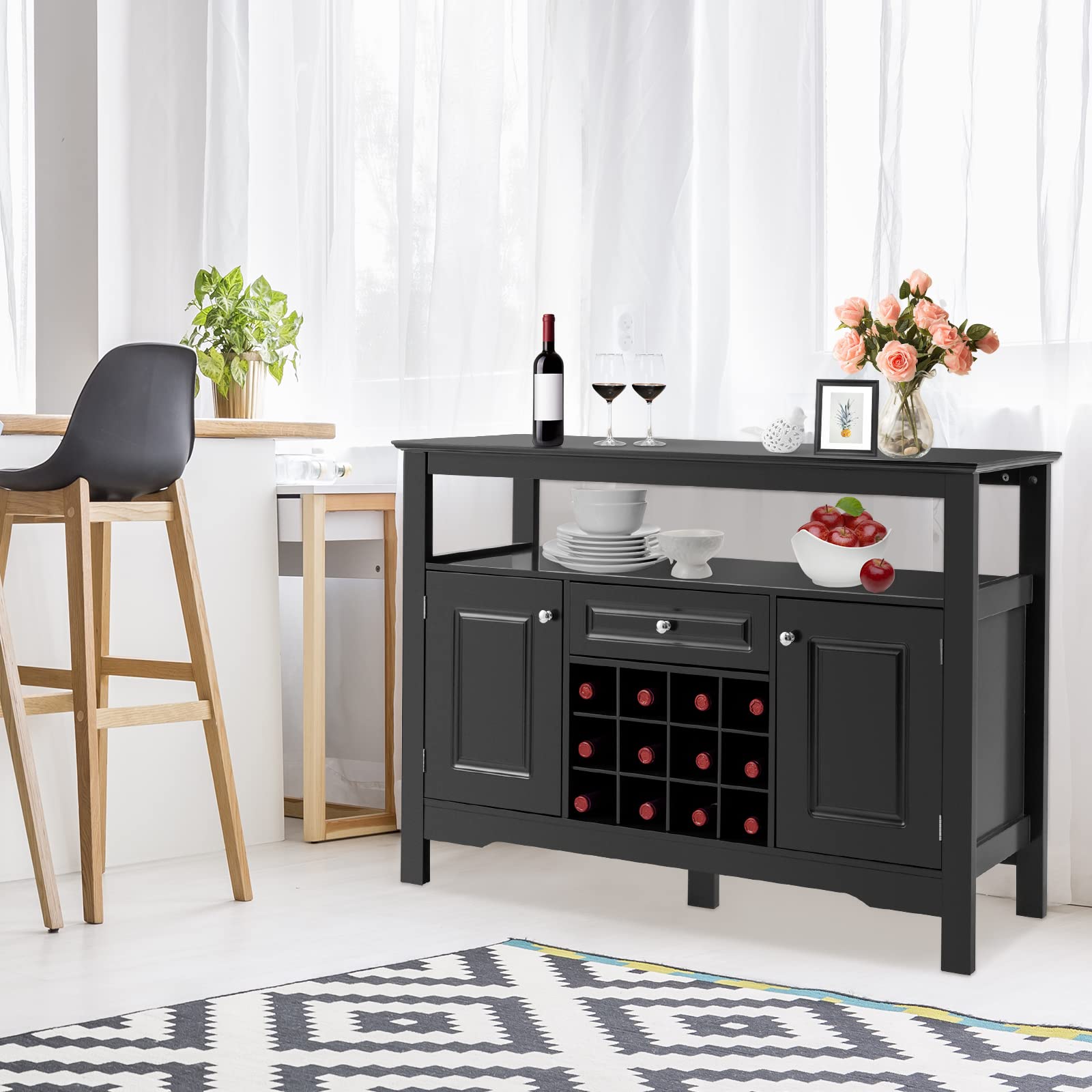 GYMAX Mobile Portabottiglie, Mobile da Buffet, Credenza con Cassetti e Armadietti, Scaffale per 12 Bottiglie in Legno, Ripiano Superiore Aperto, Mobile per Esposizione di Vini (NERO)