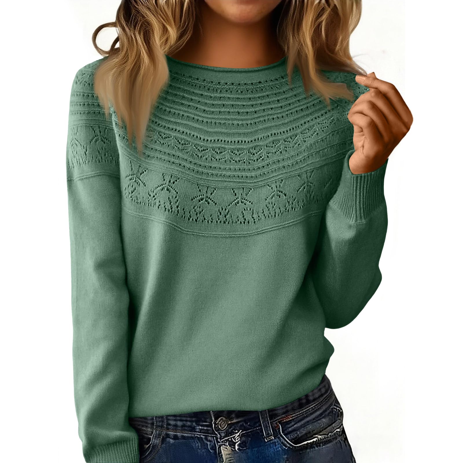 Knit Sweater for Women Long Sleeve Crew Neck Cute Sweaters Dressy Causal Loose Warm Soft Cozy Hollow Tunic