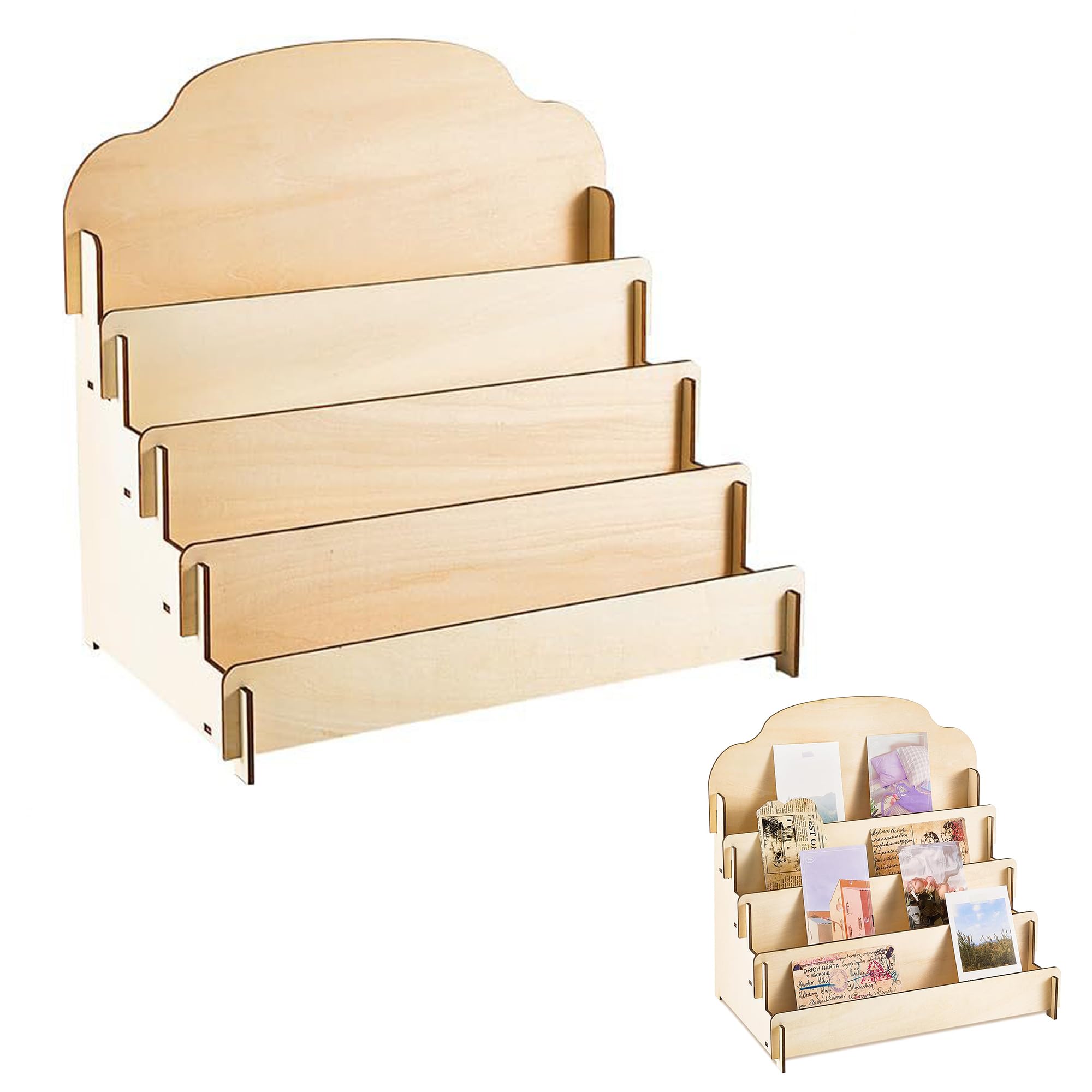 Espositore per biglietti di auguri a 4 ripiani, in legno, per cartoline, adesivi, biglietti regalo per vacanze (colore legno)