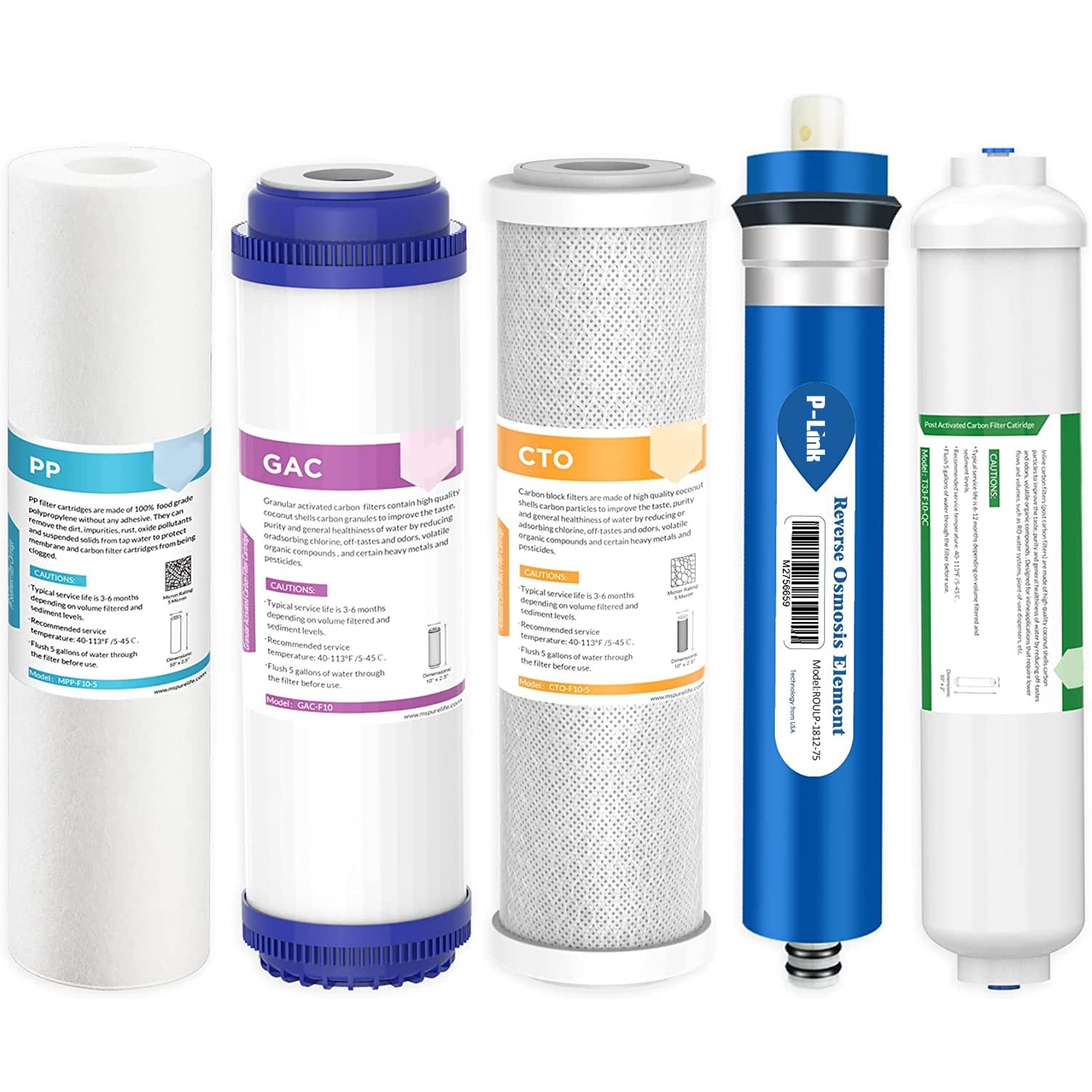 P-Link Complete 7 Stage RO Replacement Filter Set | PP, CTO, GAC, RO Membrane, Zac | Works up to 2500 TDS & 10,000 Liters | NSF Certified | Suitable for Under Sink & 3-Cylinder Filter Systems