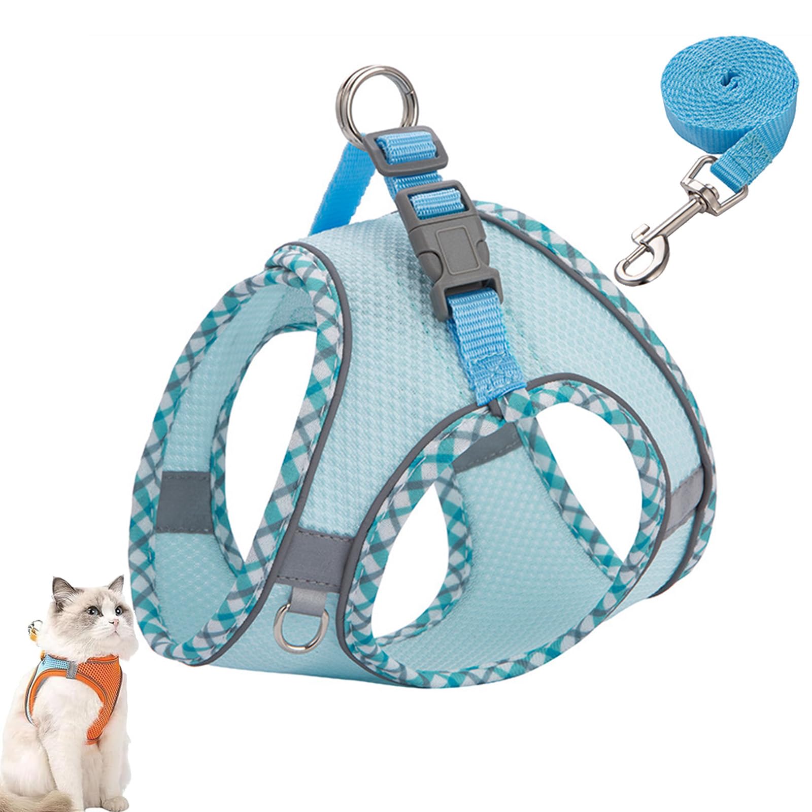 Cat Harness Design for Outdoor Cats, Cat Explorer Harness, Adjustable Soft Mesh Vest with Reflective Safety Strips, Escape Proof, Easy to Wear Cats (H,M)