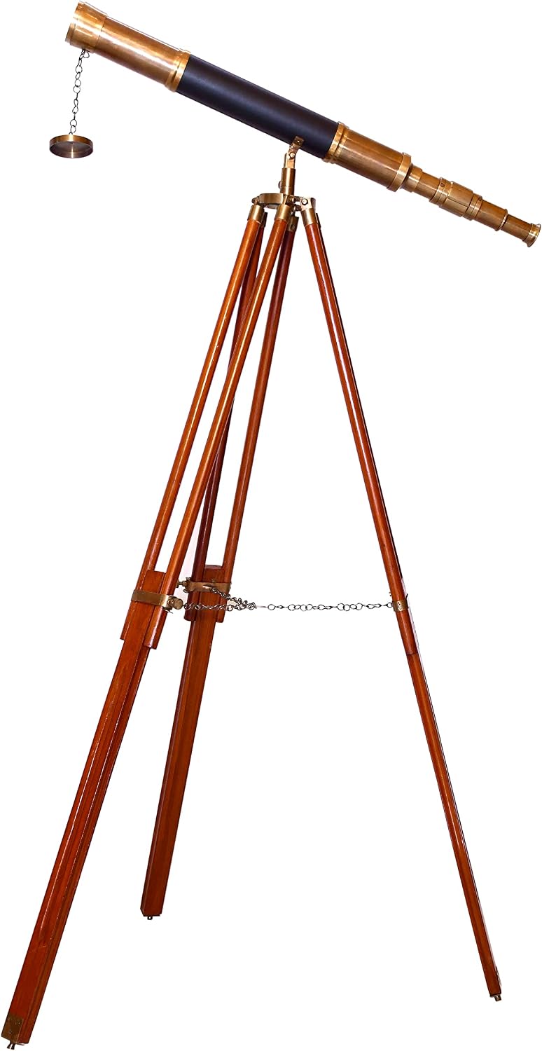 Antique Authentic Telescope Black Leather Wooden Stand Adjustable Wooden Tripod Floor Stand Antique Decor