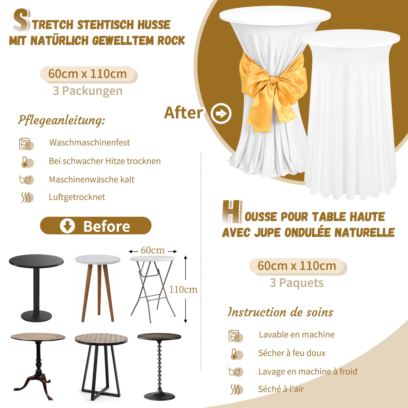 Teruntrue 3 Pezzi Bianco Fodera Tavolo Alto Tovaglia con gonna 80x110cm Tovaglia da cocktail in spandex Ø80-85cm Copritavolo per Tavolo da Party di Matrimonio da Bar Matrimoni Catering