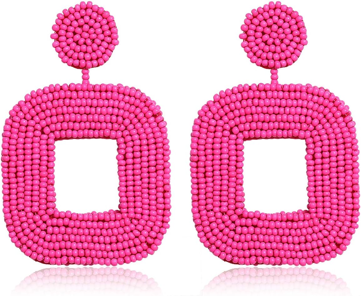 boderierBeaded Drop Earrings Bohemian Wire Wrapped Beaded Square Hoop Dangle Statement Earrings