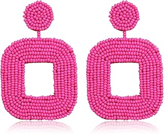 Boderier Beaded Drop Earrings Bohemian Wire Wrapped Beaded Square Hoop Dangle Statement Earrings