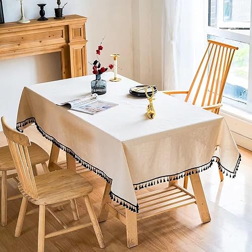 Miniatura 4 de YUURAINVUVU Tela de lino de algodón beige puro, mantel rectangular con borlas negras con costuras para cocina, comedor, mesa, decoración, fiesta de