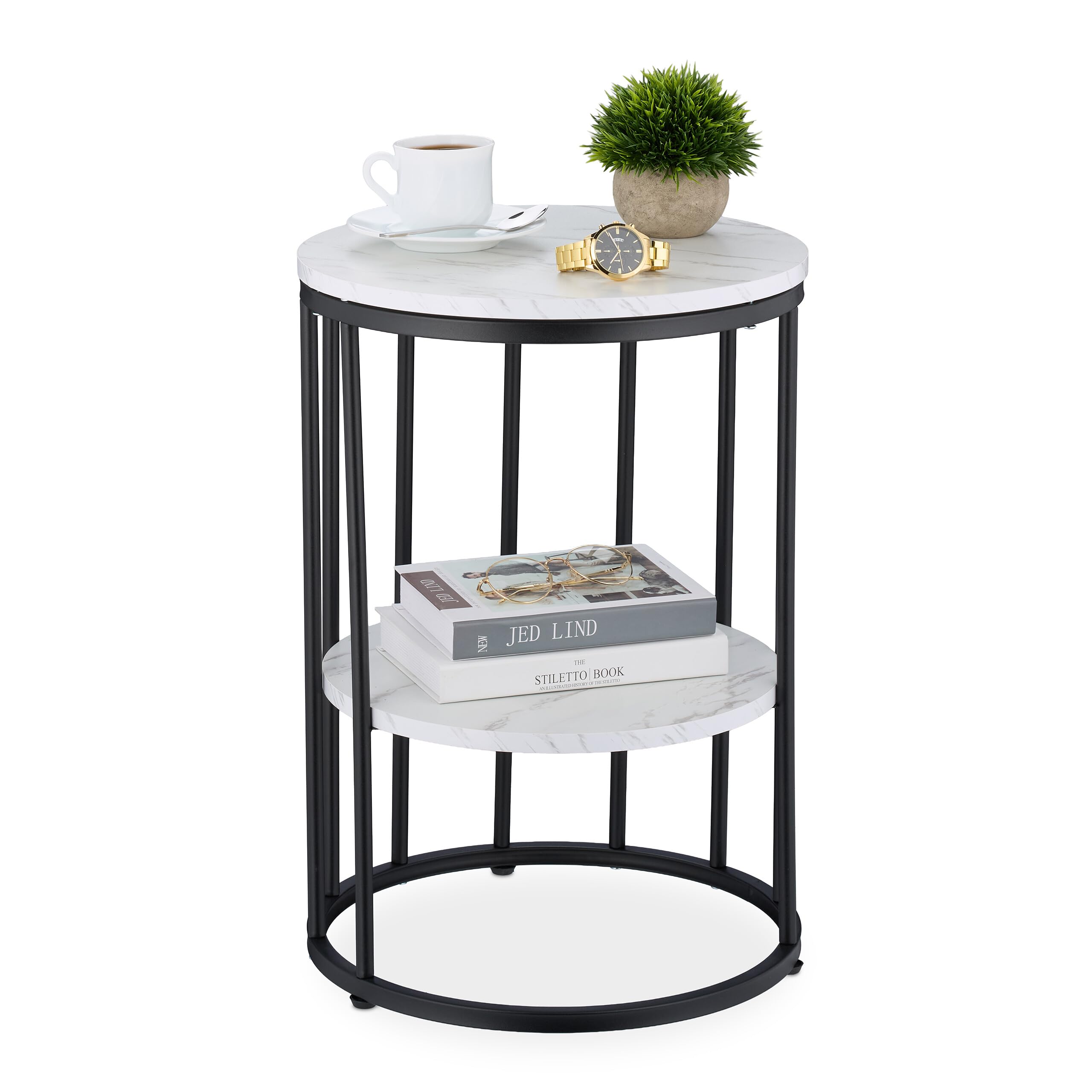 Relaxdays Table d'appoint, 2 Plateaux Aspect marbre, métal et MDF, H x D : 57 x 40 cm, pour Le Salon, Blanc et Noir