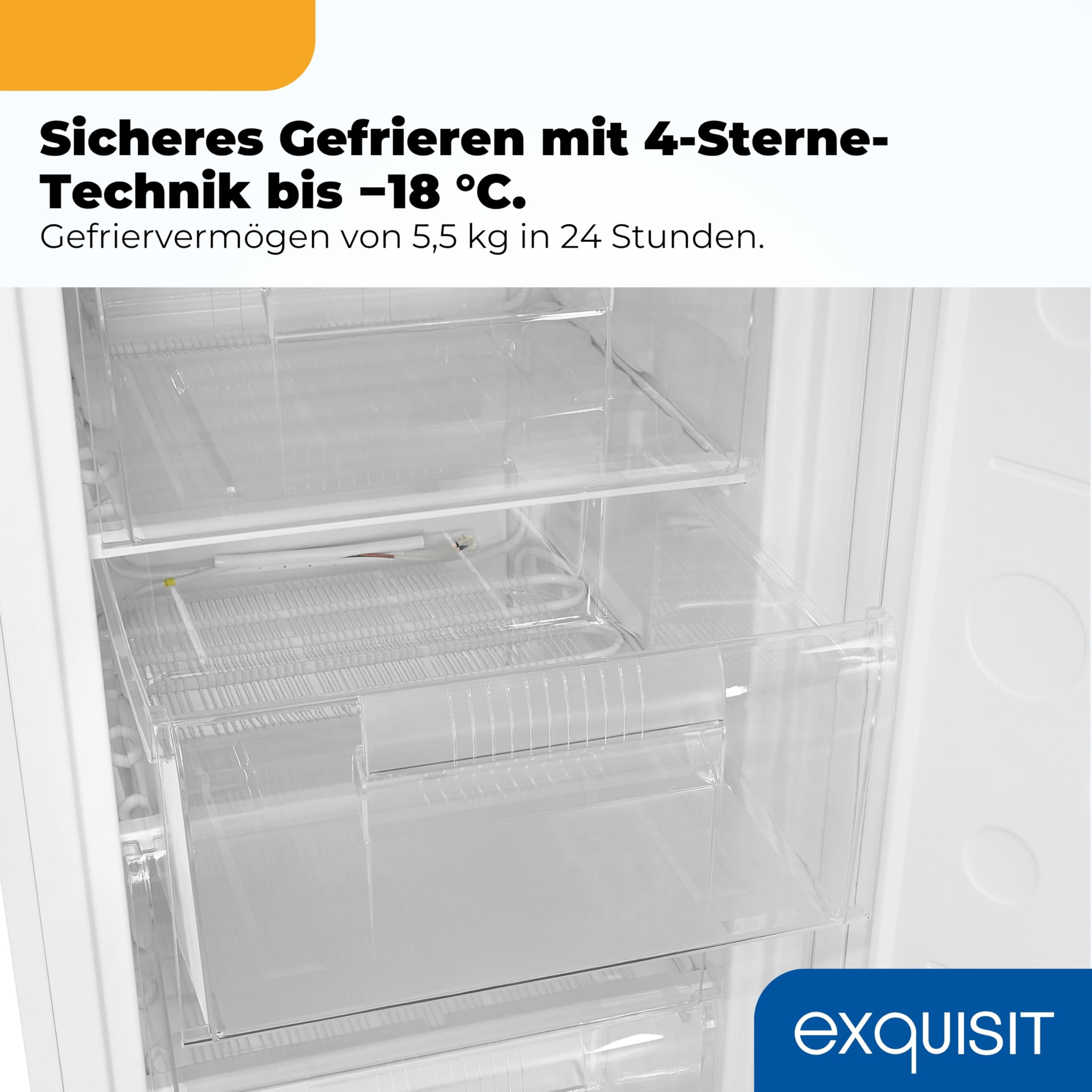 Exquisit GS5145-050C Gefrierschrank - 145 l Gefriergerät - Energieklasse C | Freistehendes 4-Sterne Gefriergerät, 4 Schubladen, 7 kg Gefrierleistung, wechselbarer Türanschlag, Maße 125,9x54x55 cm