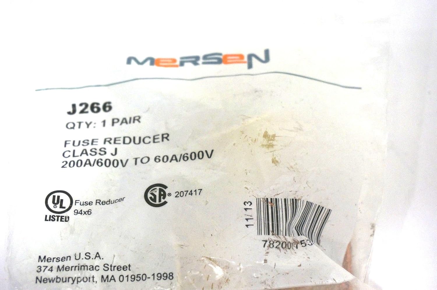 Mersen J266 Class J Rejection Fuse Reducer, 600V, 60 Ampere Fuse to Fit 200 Ampere Clip