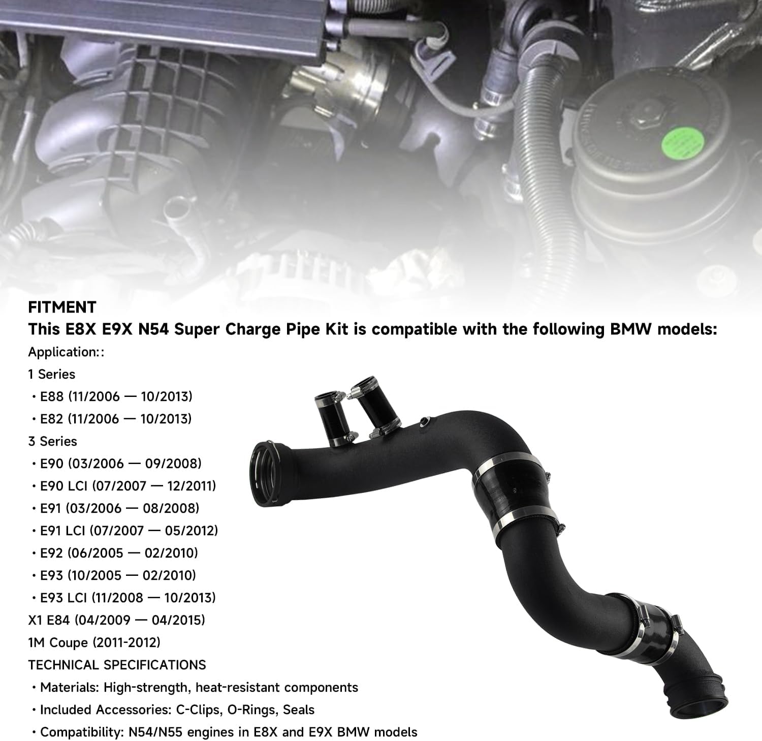 Aluminum Super Charge Pipe Kit with Boost Pipe Compatible with BMW N54 E8X E9X E82 E88 E90 E91 E92 E93 Black