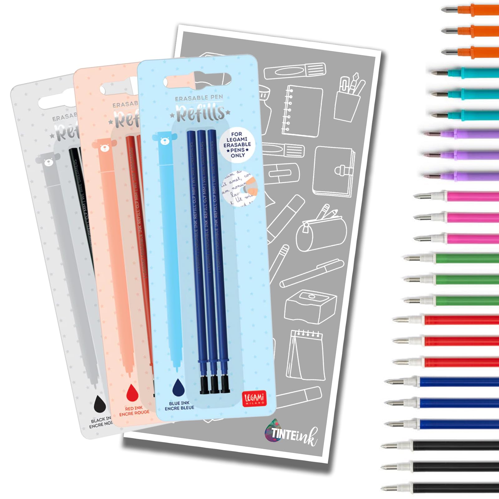 Legami Pen Refills Gel for Erasable Gel Pen Range with Tinte Ink Envelope (Black, Blue & Red)