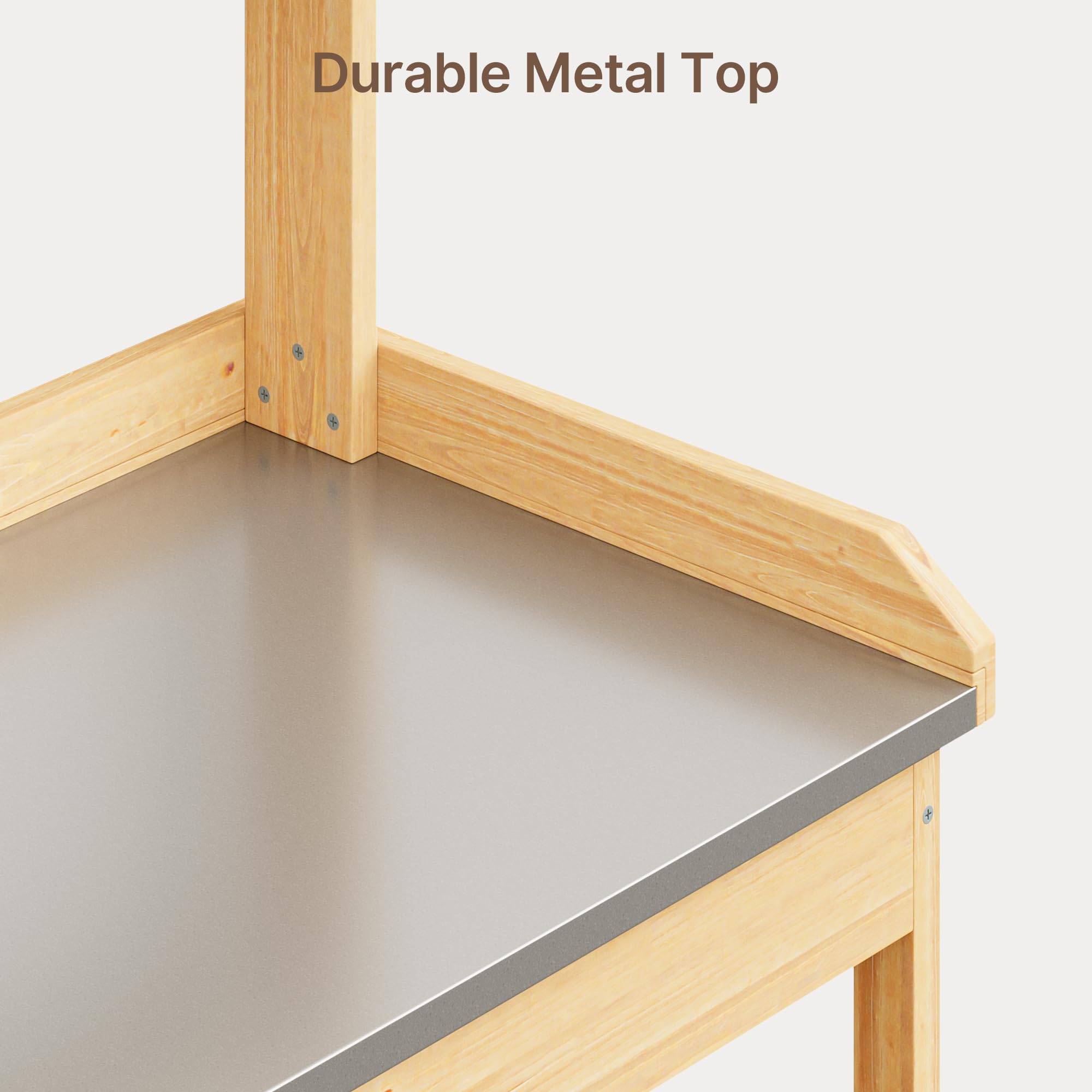 Xbro Mesa de Jardinería con Ruedas, Mesa para Plantas de Madera con Encimera de Metal Galvanizado, Cajón, Estantes y Ganchos para Balcón, Terraza, Jardín, 112 x 43 x 121 cm, (Retro)