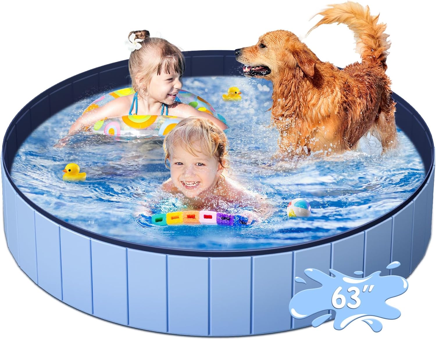 Large Foldable Dog Pool Portable Collapsible Hard Plastic Pet Pool with Drain Non-Slip Base, Outdoor Ball Pit Bathtub for Dogs Cats Ducks (Blue 63x12 Inches)