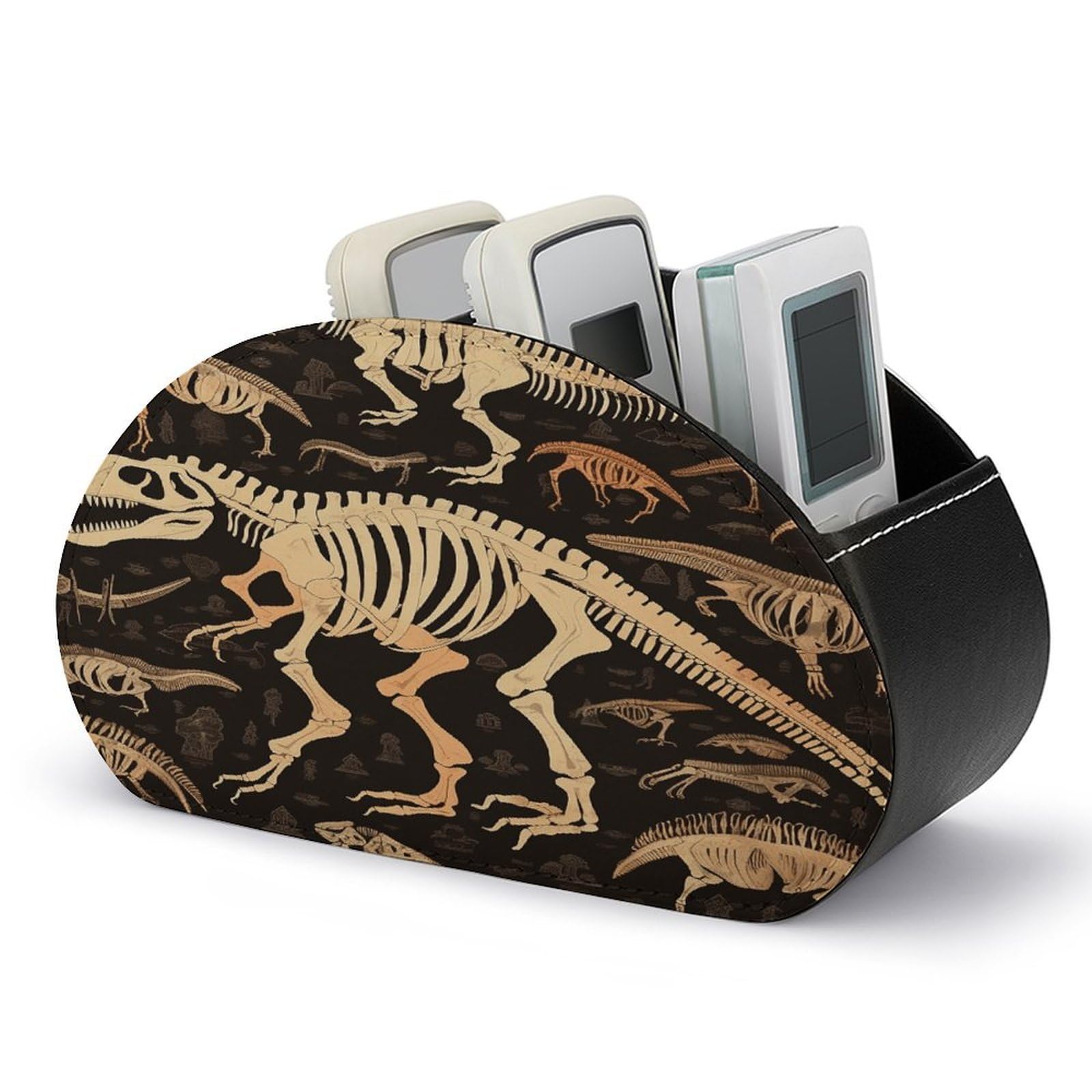 VstaDank Dinosaur Skeleton Print Remote Control Holder with 5 Compartments Pu Leather TV Remote Caddy Storage Box Desktop Organizer Store Controller DVD Brush Pens Glasses&Office Supplies