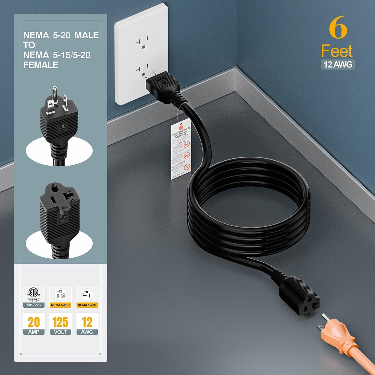 6-Feet (1.8Meter) Nema 5-20P Extension Cord, 12AWG Nema 5-20P to 5-20R Extension Power Cable,20Amp T Blade Male to Female Cable, 5-20 to 5-15/20R Comb Adapter Cords