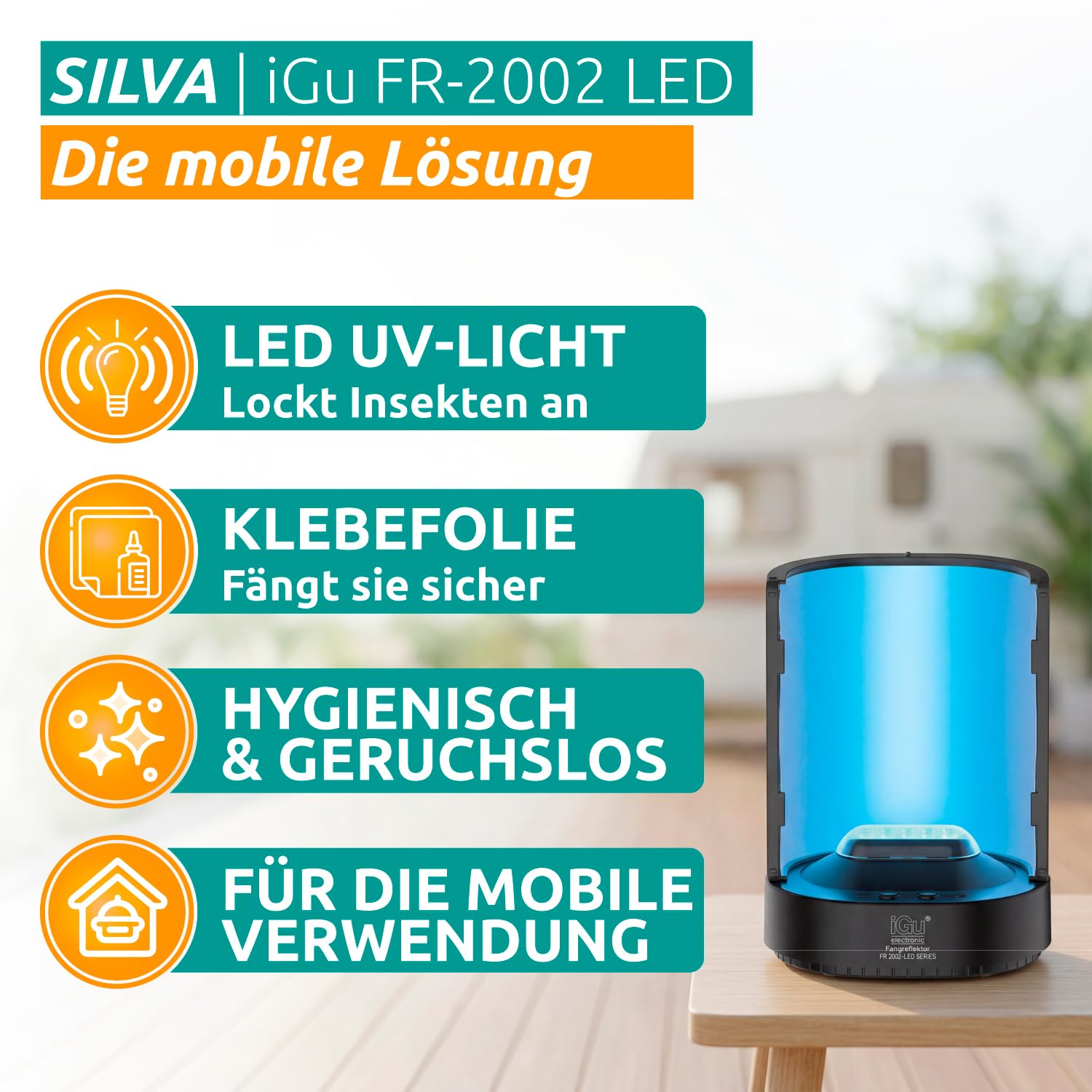 iGu 2002 LED Fliegenfalle mit Akku, USB-C und Leimtafel (2002 LED Gerat) | Für Fliegen, Fruchtfliegen und Motten – Fangreflektor, tragbar, geruchlos, für Wohnraum, Wohnmobil und Camping