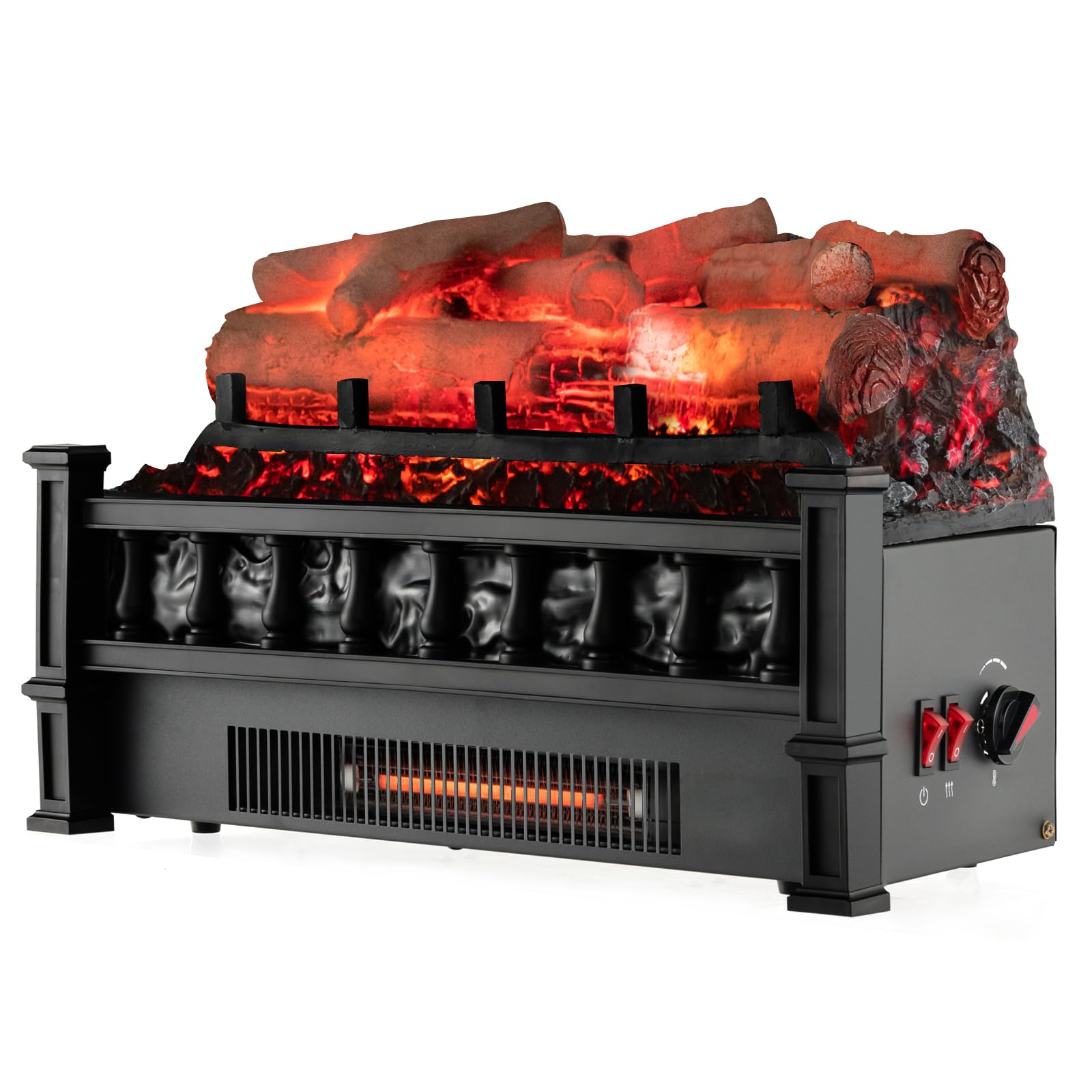 COSTWAY Eternal Flame Electric Fireplace Log, 20-inch Fireplace Insert Log Heater with Realistic Birchwood Ember Bed, Adjustable Temperature, 1500W Infrared Electric Fireplace for Home Decor, Black