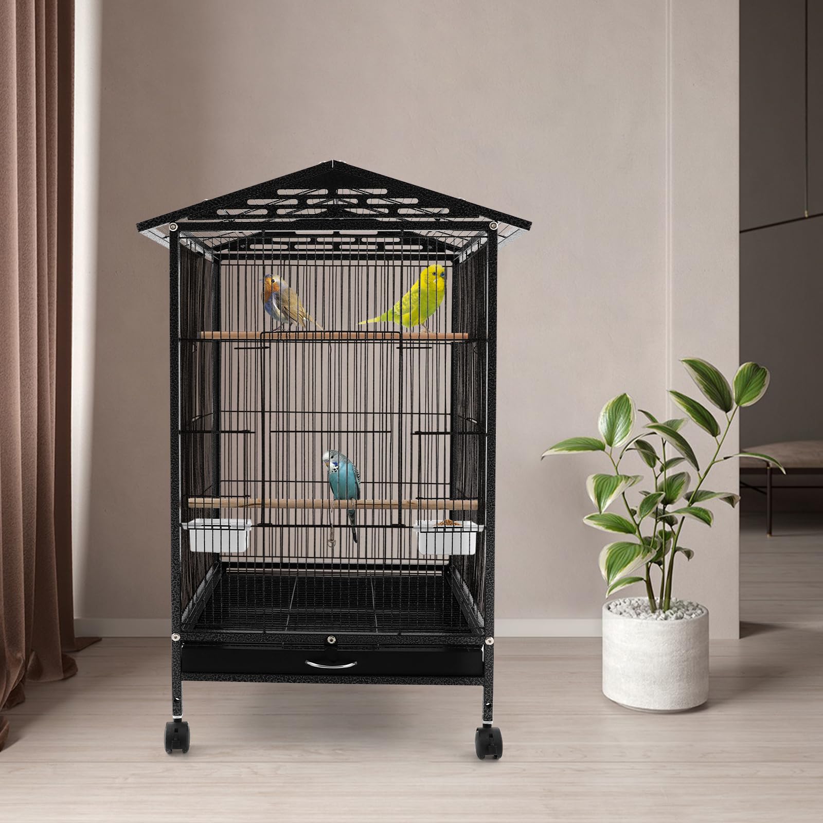 jaula grande independiente para pájaros, aviario con 4 ruedas, jaula para pájaros con bandeja para suciedad, barras de percha, jaulas de hierro para pájaros, jaula para periquitos, negro