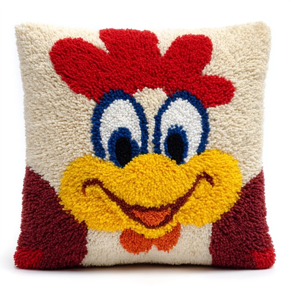 Taxpy Latch Hook Kits for Adults Beginners Smiling Chicken 17X17 in DIY Crochet Pillow Kit Pre-Printed Pillowcase Hook and Latch Rug Kits Needlework Cushion Cover for Home Sofa Decoration