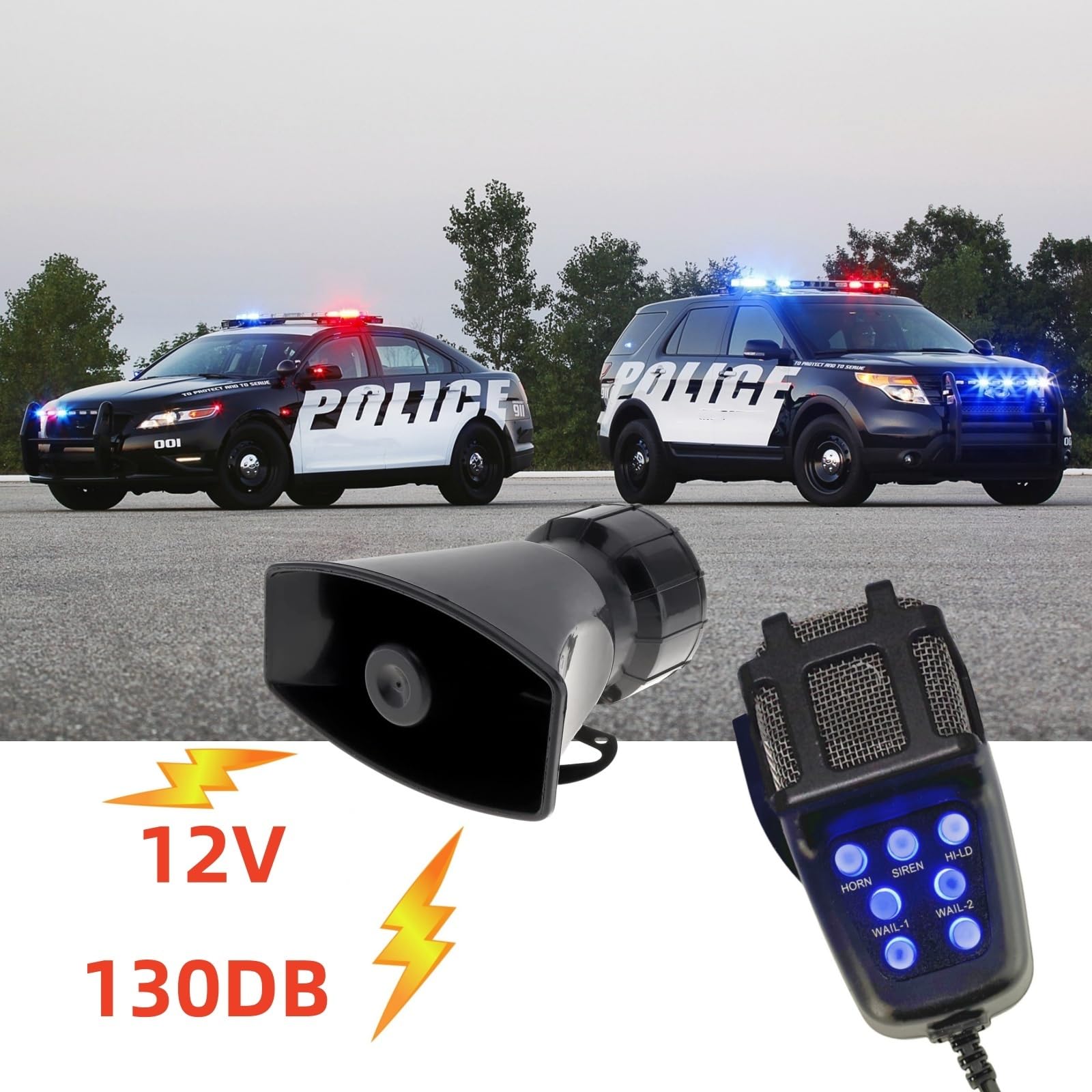 Allarme auto Clacson per auto Luce blu pulsante Corno d'aria 130db Car Horn Corno d'allarme Amplificatore sonoro Con Mic PA Speaker System 7 toni Corno dell'automobile per 12V camion Navi ect