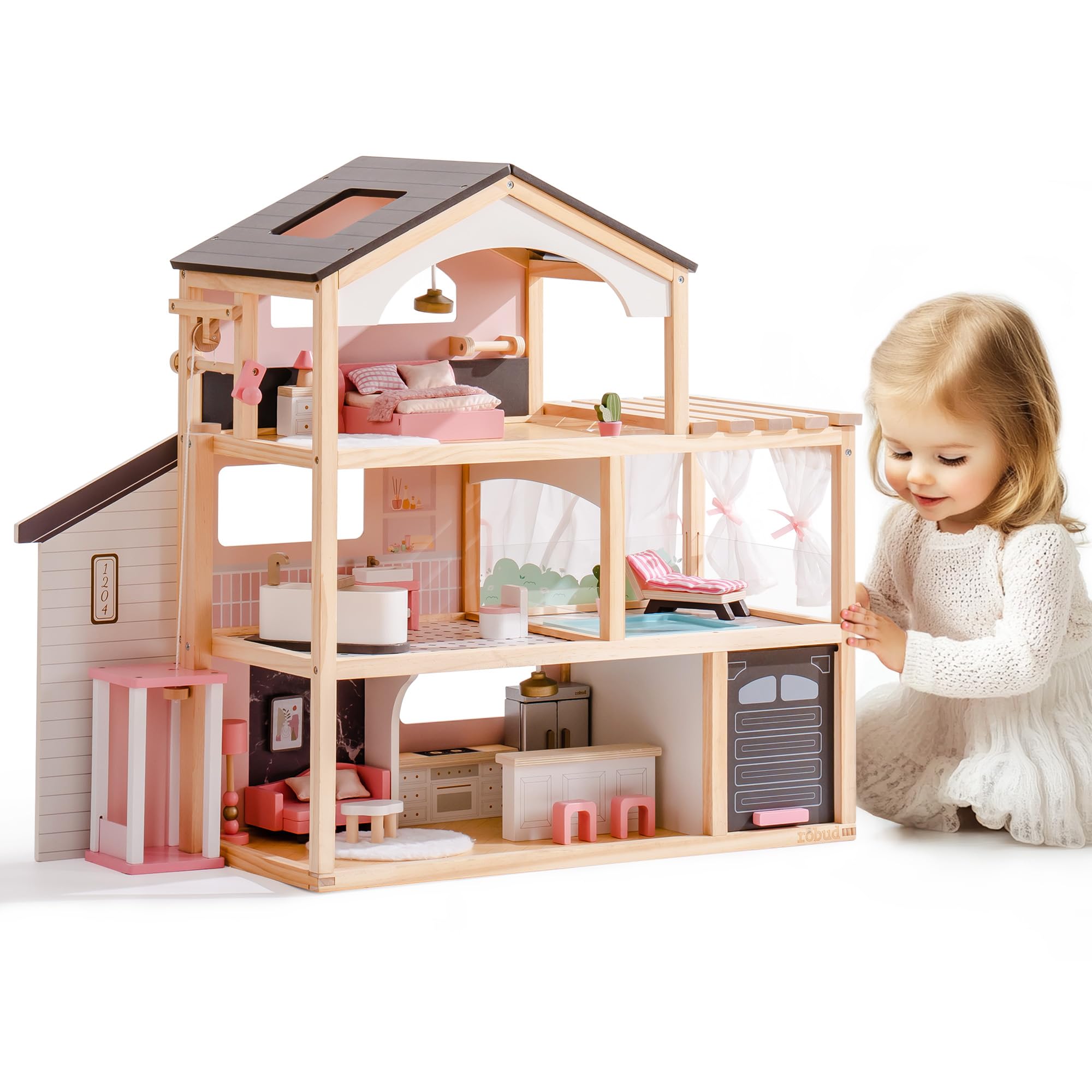 ROBUD Casa delle bambole in legno, villa delle bambole con mobili, con ascensore, garage, gazebo e piscina, regalo per bambini dai 3, 4, 5, 6 anni in su, nero