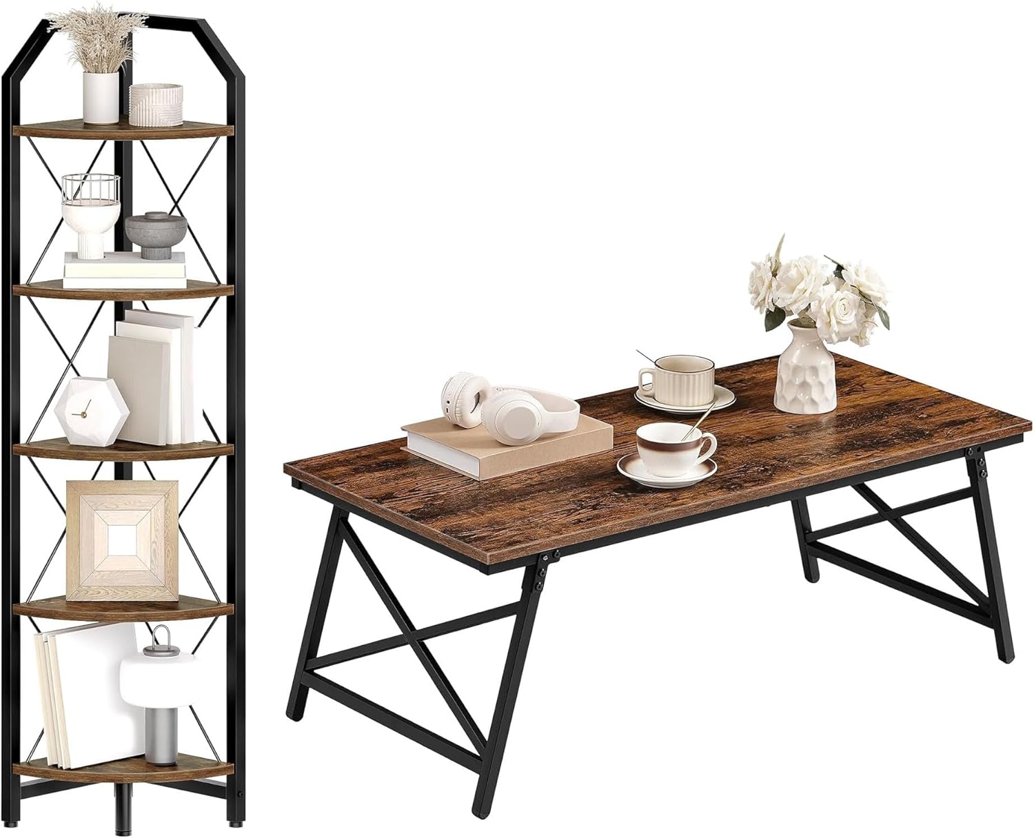 59.4" Corner Shelf, 5-Tier Industrial Corner Bookshelf, 41.3" Folding Coffee Table with Safety Buckles, Low Coffee Table, for Living Room, Bedroom TCJ10BF-TKF01BF