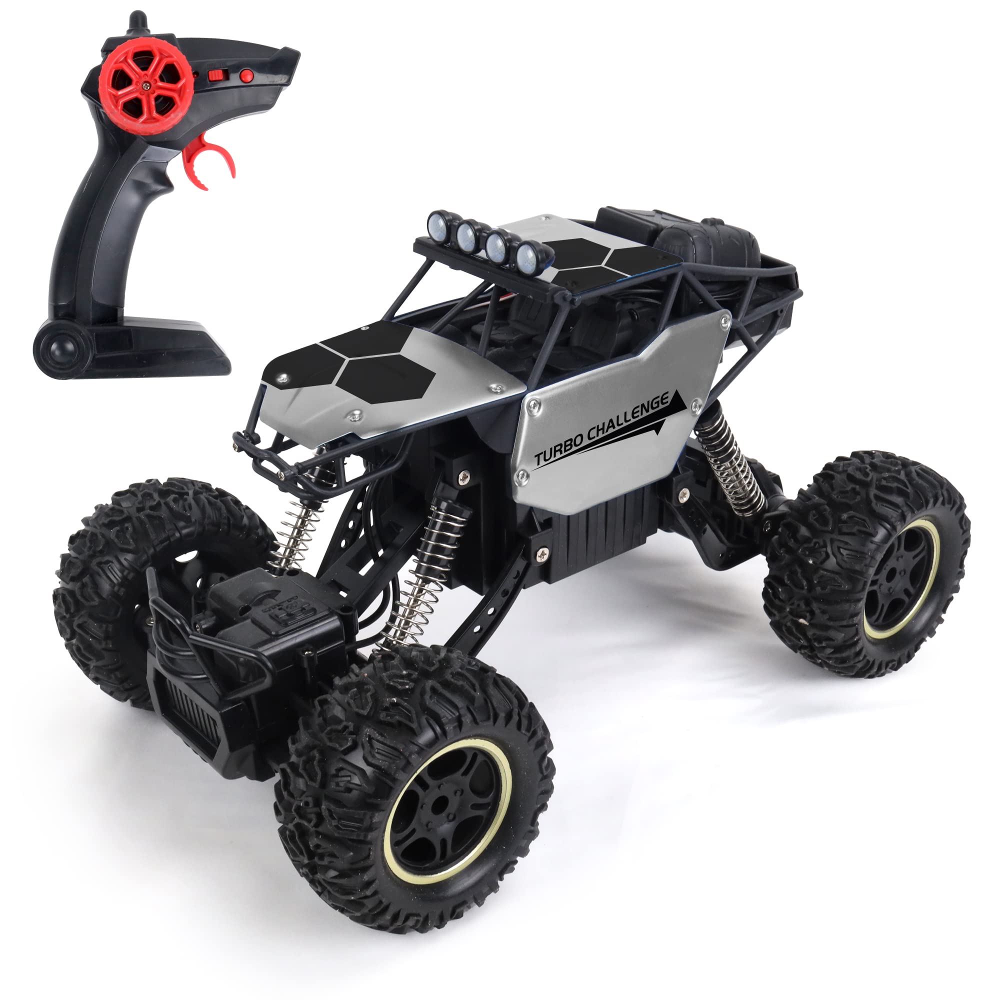 TURBO CHALLENGE - Vaporize - Extreme Crawler - 1/18-098404 - Coche Teledirigido - Plata - Listo para Usar - Opción de Humo - Batería Recargable y Pilas Incluidas - Metal - A Partir de 6 años