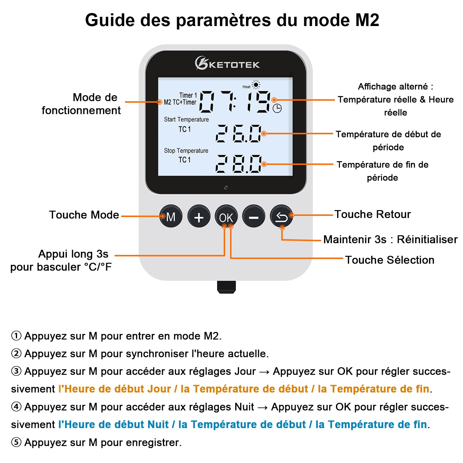KETOTEK Prise Thermostat Jour/Nuit avec Minuterie, Contrôleur de Température Numérique Chauffage & Refroidissement 220V, Sonde 3M, Design Séparé, 3 Modes pour Reptiles Terrarium, Serre, Incubateur