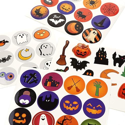 Miniatura 3 de 96 hojas de calcomanías de Halloween, calcomanías adhesivas redondas de murciélagos de calabaza, arañas, brujas, calcomanías para decoración de