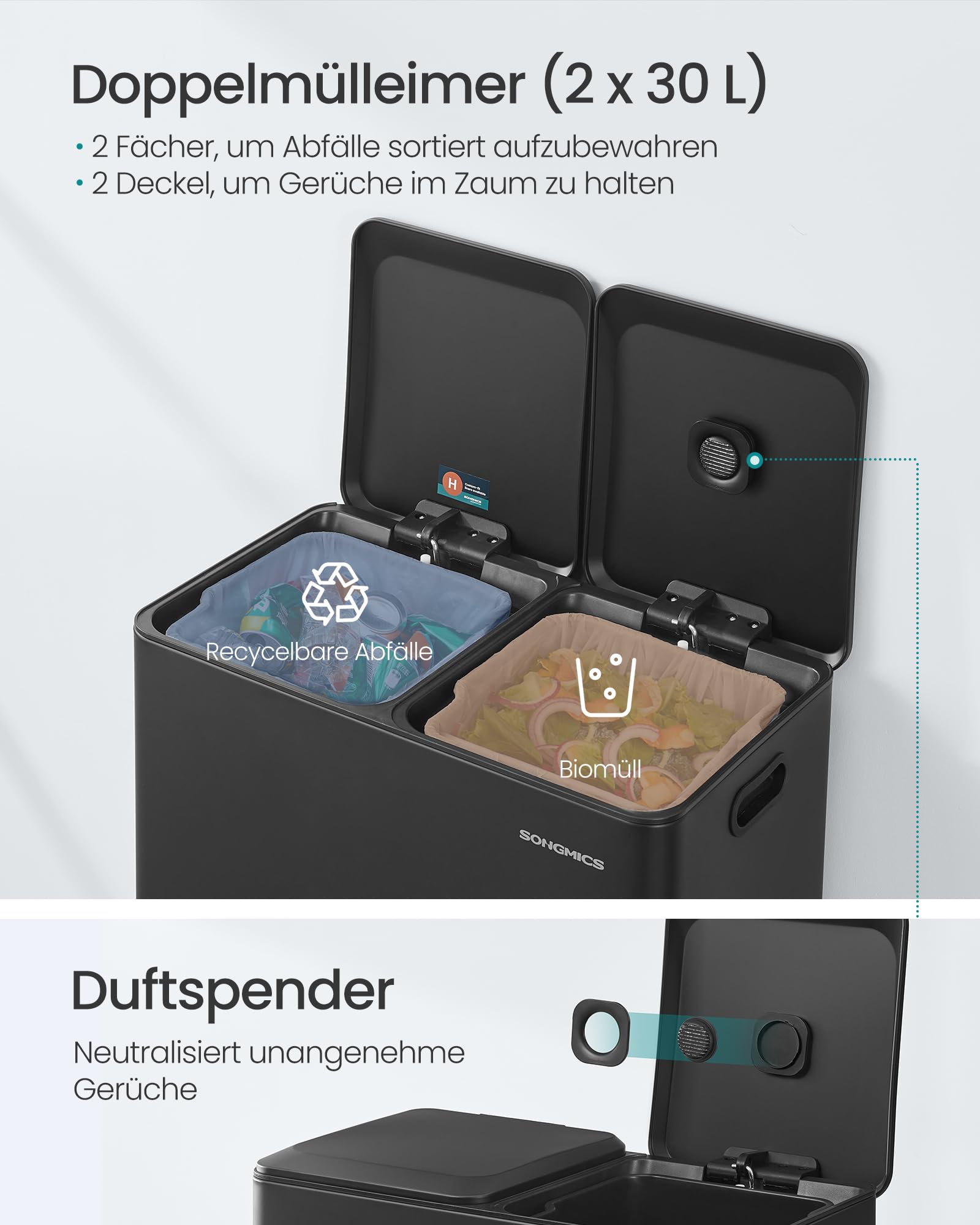 SONGMICS Mülleimer Küche, 2 x 30 L, 2 Fächer, Mülltrennsystem, Softclose, herausnehmbare Inneneimer, Pedalen, Stahl, tintenschwarz LTB743B02