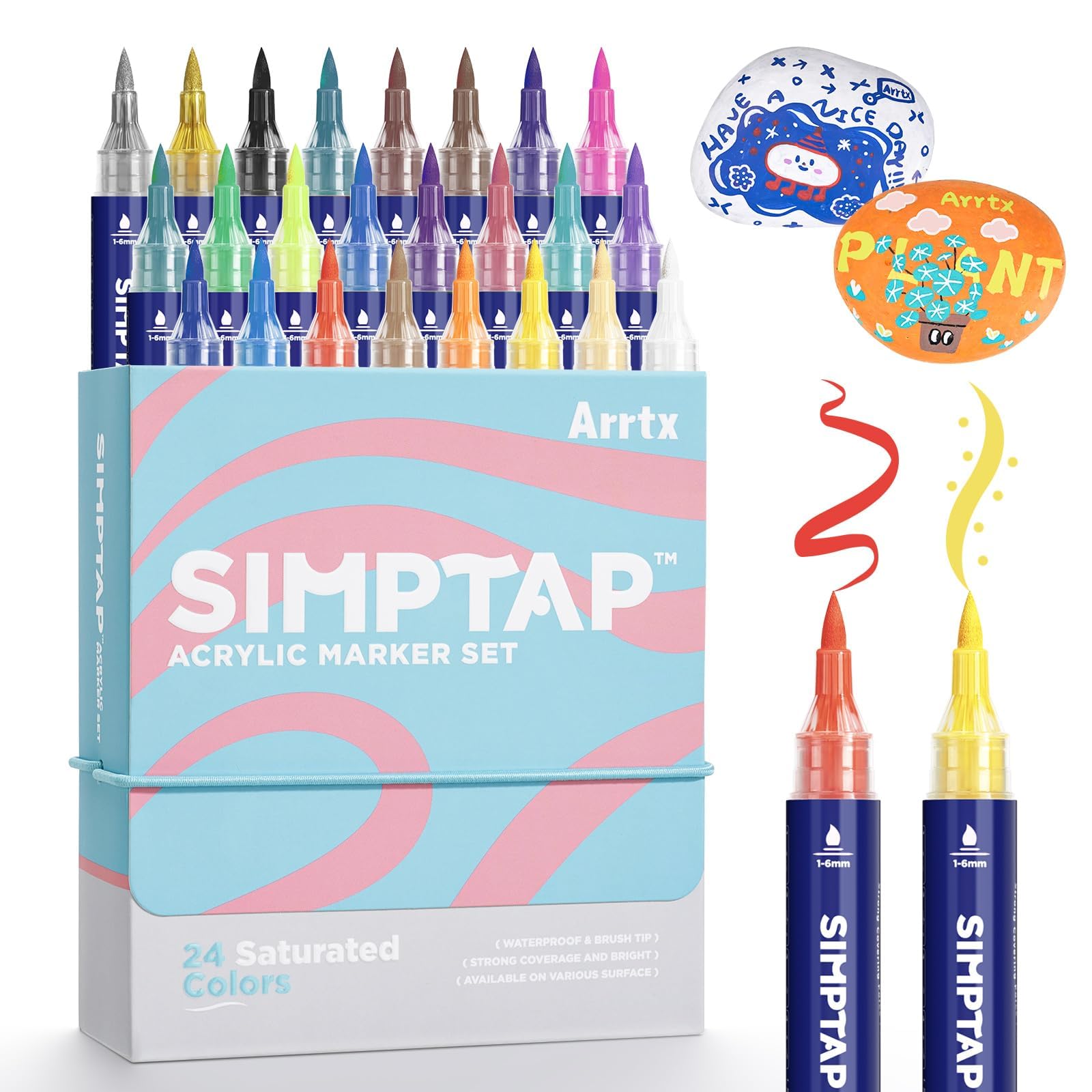 Arrtx Acrylic Markers, Simptap Series Acrylic Paint Pen Brush Tip Acrylic Paint Marker for Rock Painting DIY Craft Wood Glass