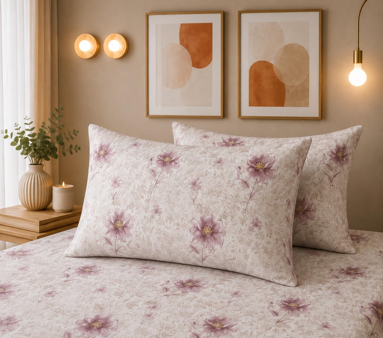 THE HOME STYLE Super Soft Glace Cotton King Size Printed Pillow Covers ll Pillow Cases ll Set of 2 Piece- 18"x 28" Inches (Ivory Lilac)