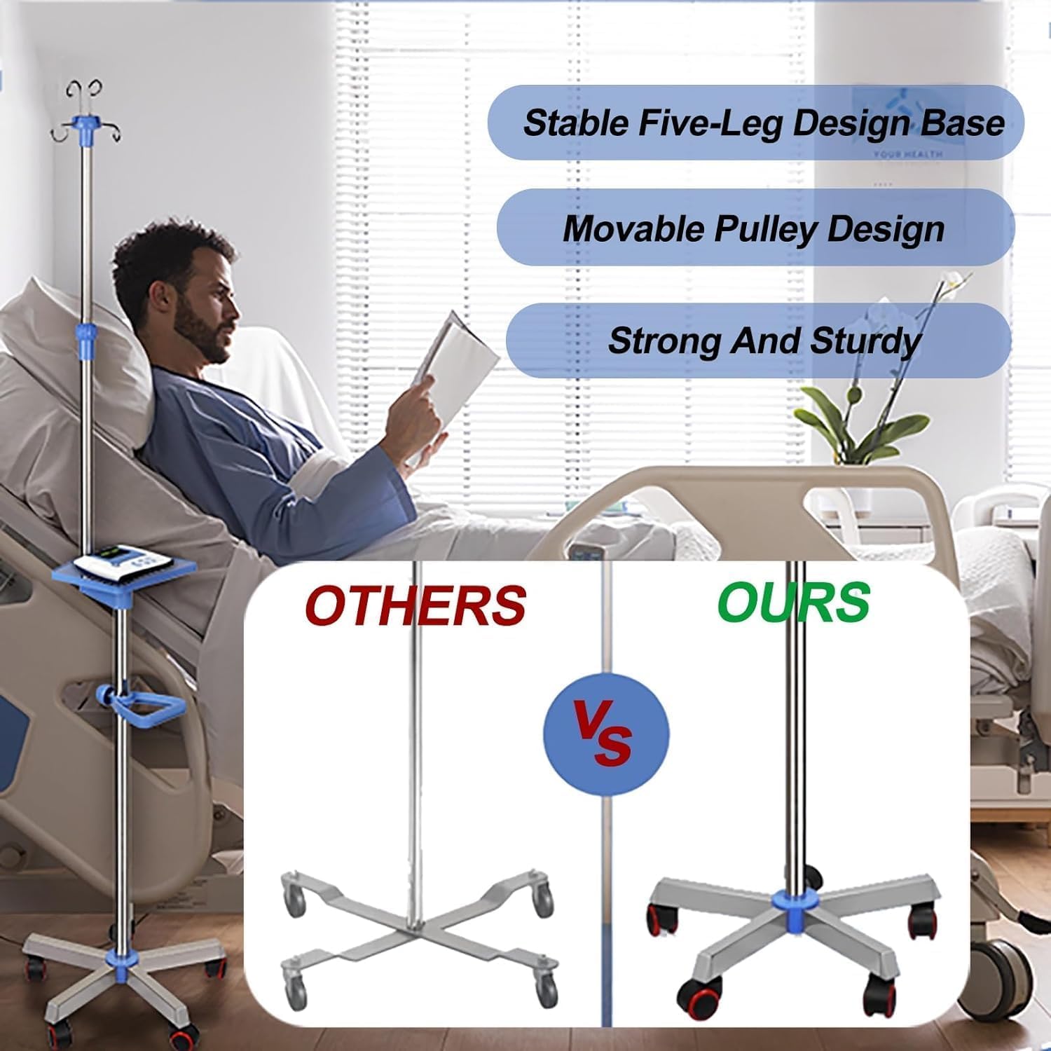 Soporte de Poste IV móvil, Poste IV Inoxidable con Bandeja, Soporte para IV, Soporte de infusión Ajustable, 4 Ganchos, Soporte para Bolsa IV de 5 Ruedas