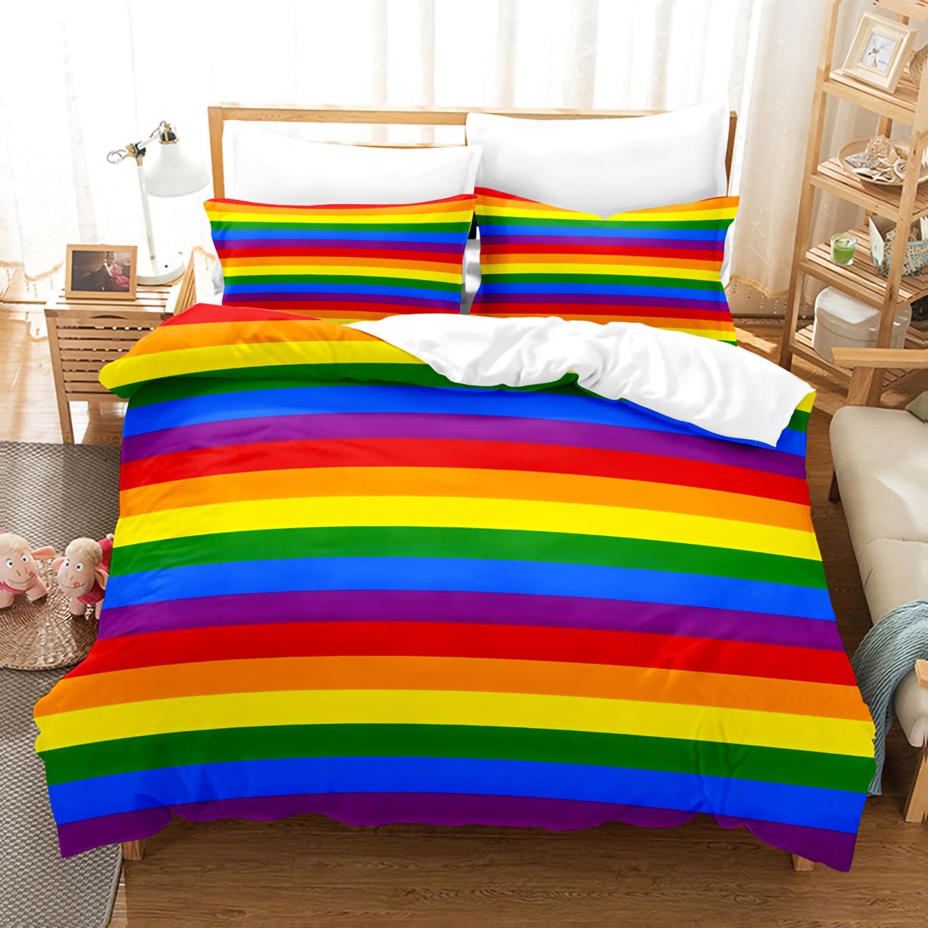 ZZTBQ Kids Single Bed Duvet Cover and Pillow Case Set Multi Stripe Blue Purple Orange Yellow Green Kids Single Bedding for Boys and Girls 135 x 200 cm