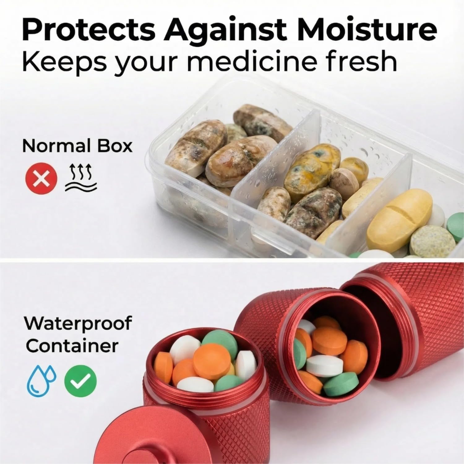 Pillendose mit Schlüsselanhänger, wasserdicht, kompakt, tragbar und sicher mit 3 Fächern, Pillendose im Taschenformat und Behälter für tägliche Medikamente unterwegs (Weinrot)
