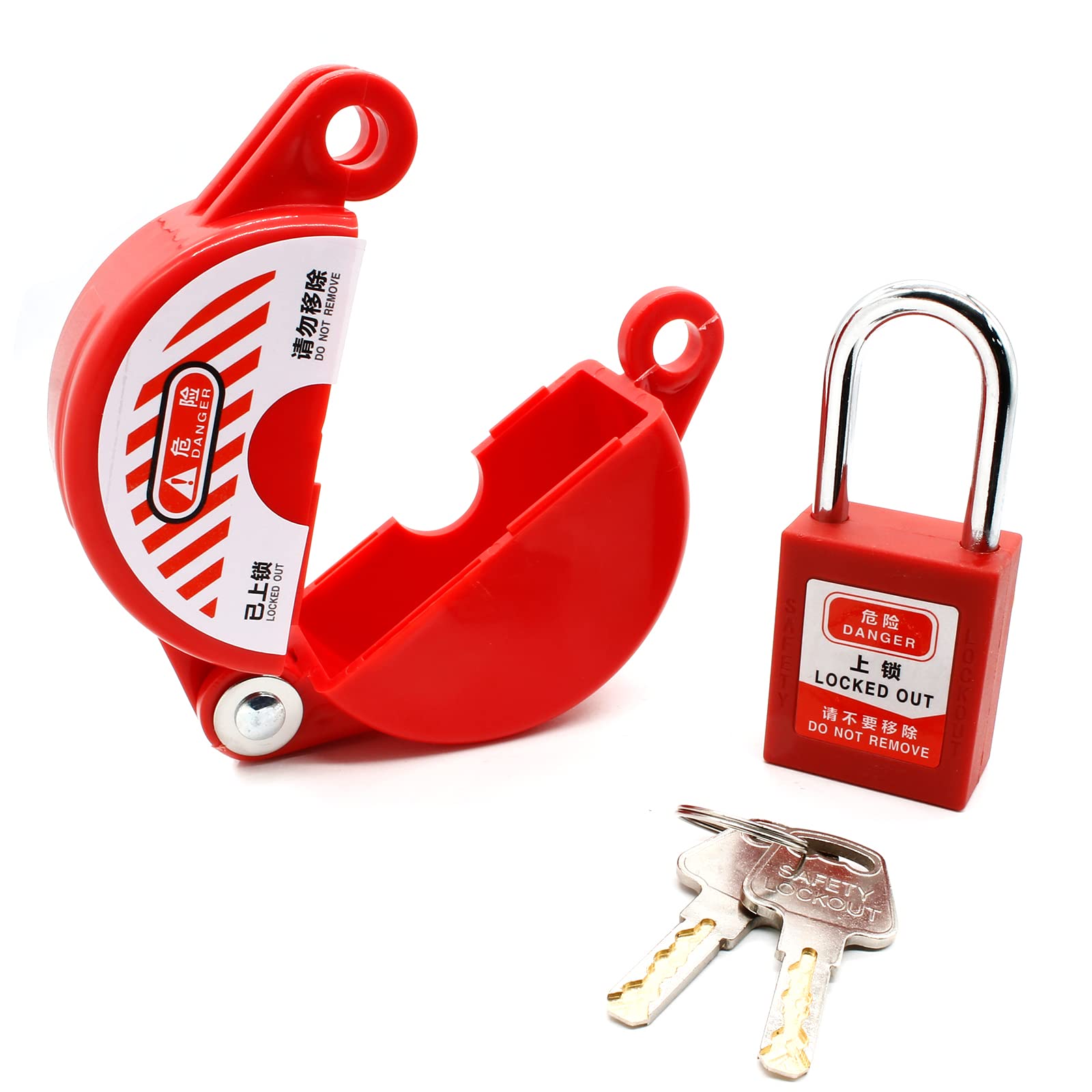 Uenhoy Gate Valve Lockout with Safety Padlock, 1 Set, Plastic Outdoor Water Hose Protector Cover Rotating Red Babyproof Valve Lockout Handles for 1" to 2.5" Valve Water Spigot Faucet Natural Gas Tank