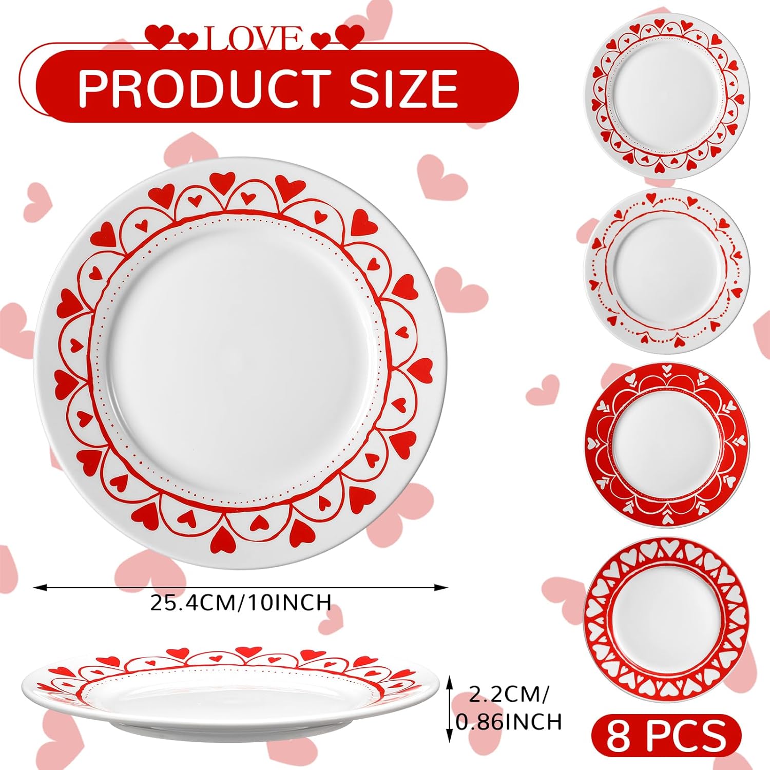 Jinei Set of 8 10 Inch Valentine's Day Ceramic Flat Plates Red White Heart Dining Serving Plates Round Dessert Salad Dish Set Gift for Valentine's Day Wedding Anniversary Party Decoration