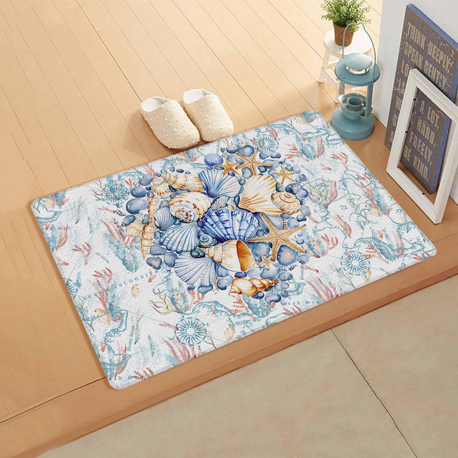 Blue Coastal Shell Antifatigue Kitchen Bath Door Mat Cushioned Runner Rug,Washable Welcome Floor Sink Mat,Waterproof & Non-Slip Kitchen Standing Doormat,Nautical Coral Ocean Conch Teal Seaweed 18