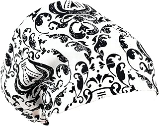 European Style Scrub Cap - No Ribbon â€“ Distressed Damask in Multi (Black/White) Scrub Hat for Women/Men/Nurses Hats/Dr. Hats