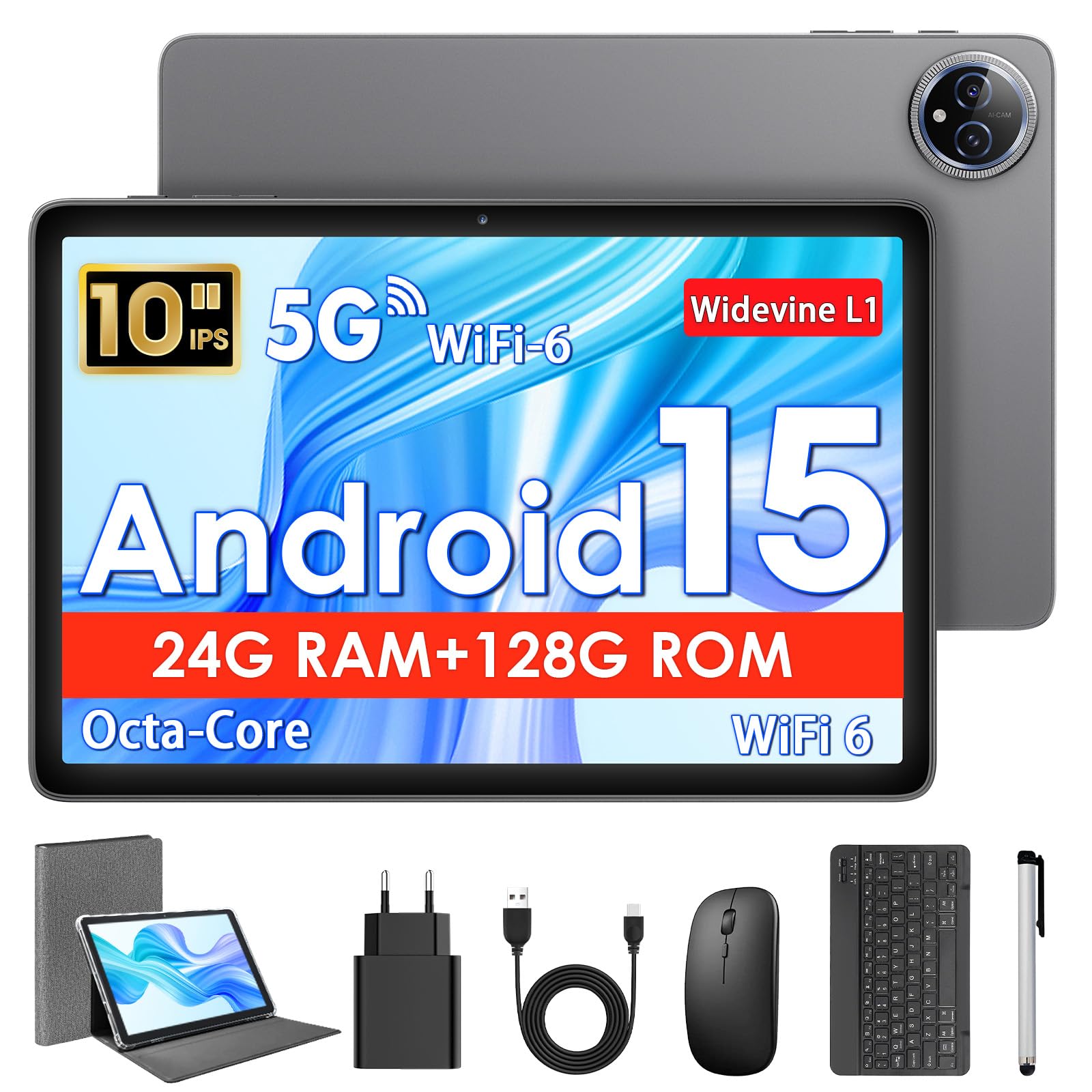 Tablet 10 Pollici, Tablet Android 15 con Cover, Mouse & Tastiera, Octa-Core, 24 GB RAM + 128 GB ROM+ 1 TB TF, Display IPS HD 1280x800, Fotocamera Doppia, 6000 mAh, WiFi 6, Widevine L1, GPS (Grigio)