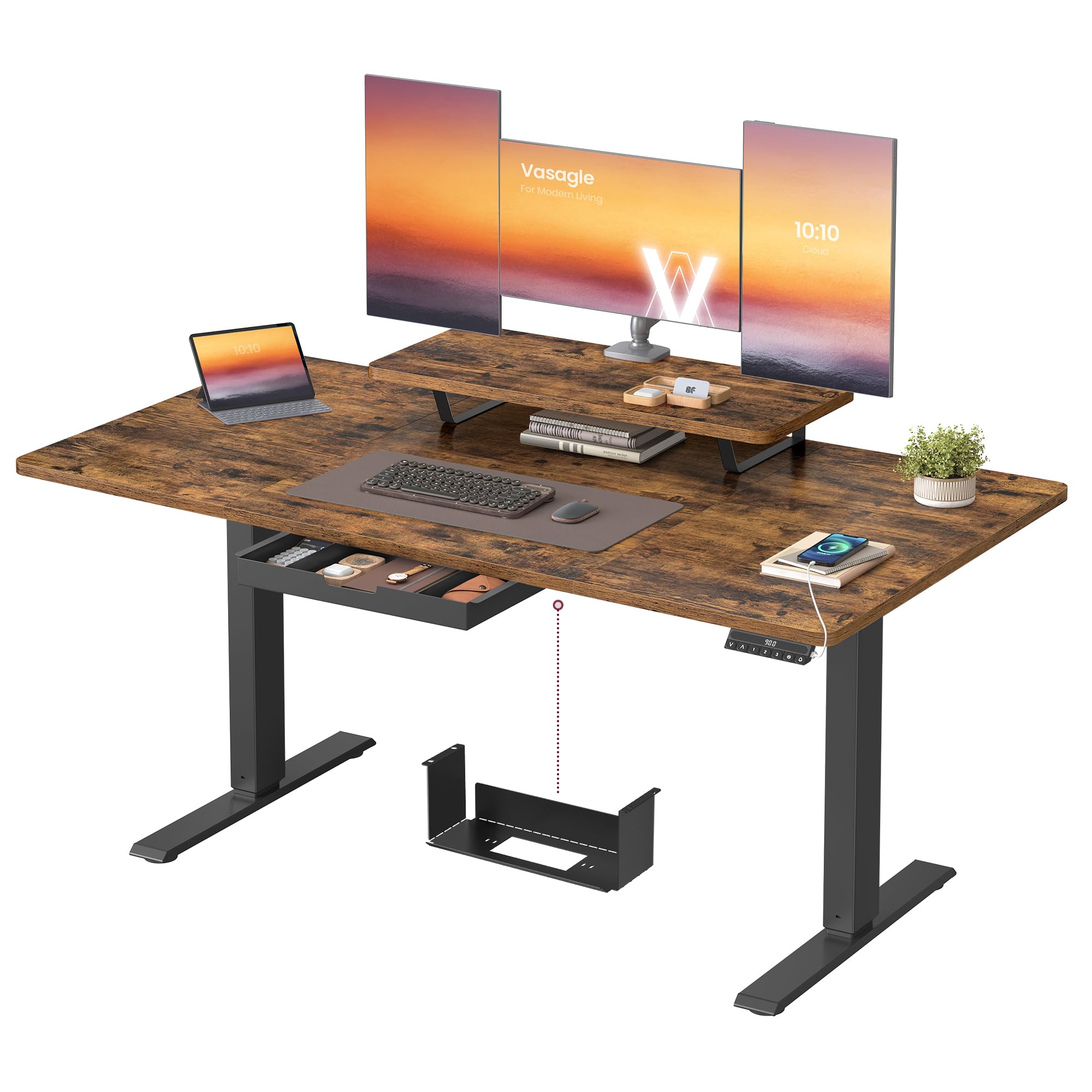 Electric standing desk with adjustable height with Monitor Stand, Rustic Brown / 70D x 140W x (72-120)H cm