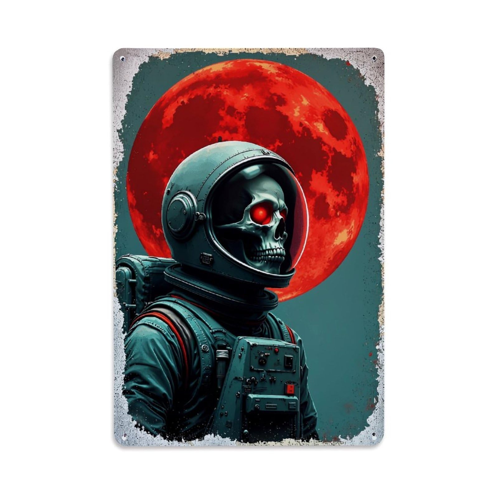 Jdfenggu Vintage Skull Astronaut Red Moon Background Retro Metal Tin Sign, Metal Poster For Bar, Home, Man Cave, Kitchen, Laundry Room Art Decor 8X12 Inch